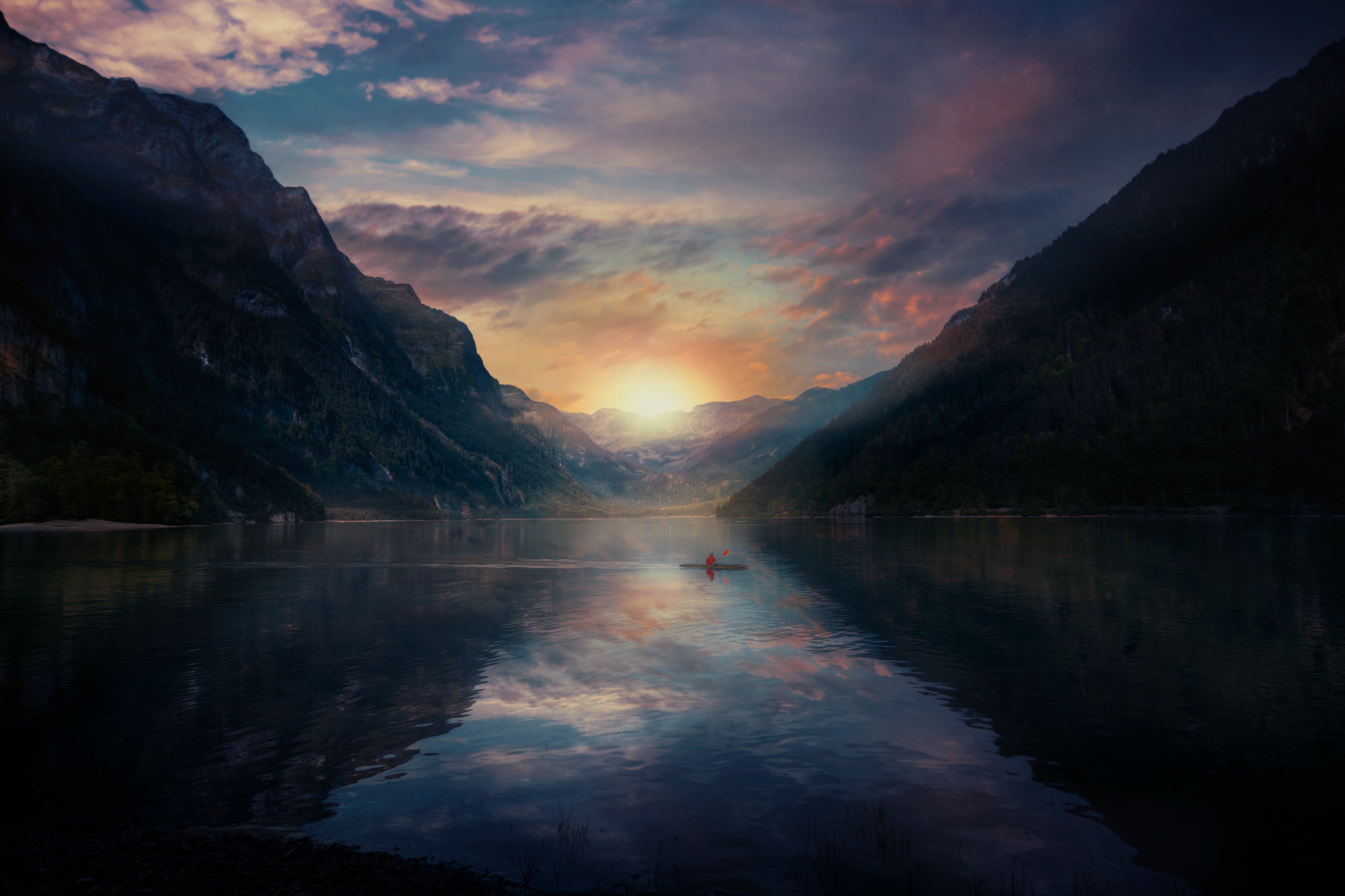HD wallpaper, Alone, Sunrise, Switzerland, Lake, Morning, Mountains, Reflection, 5K