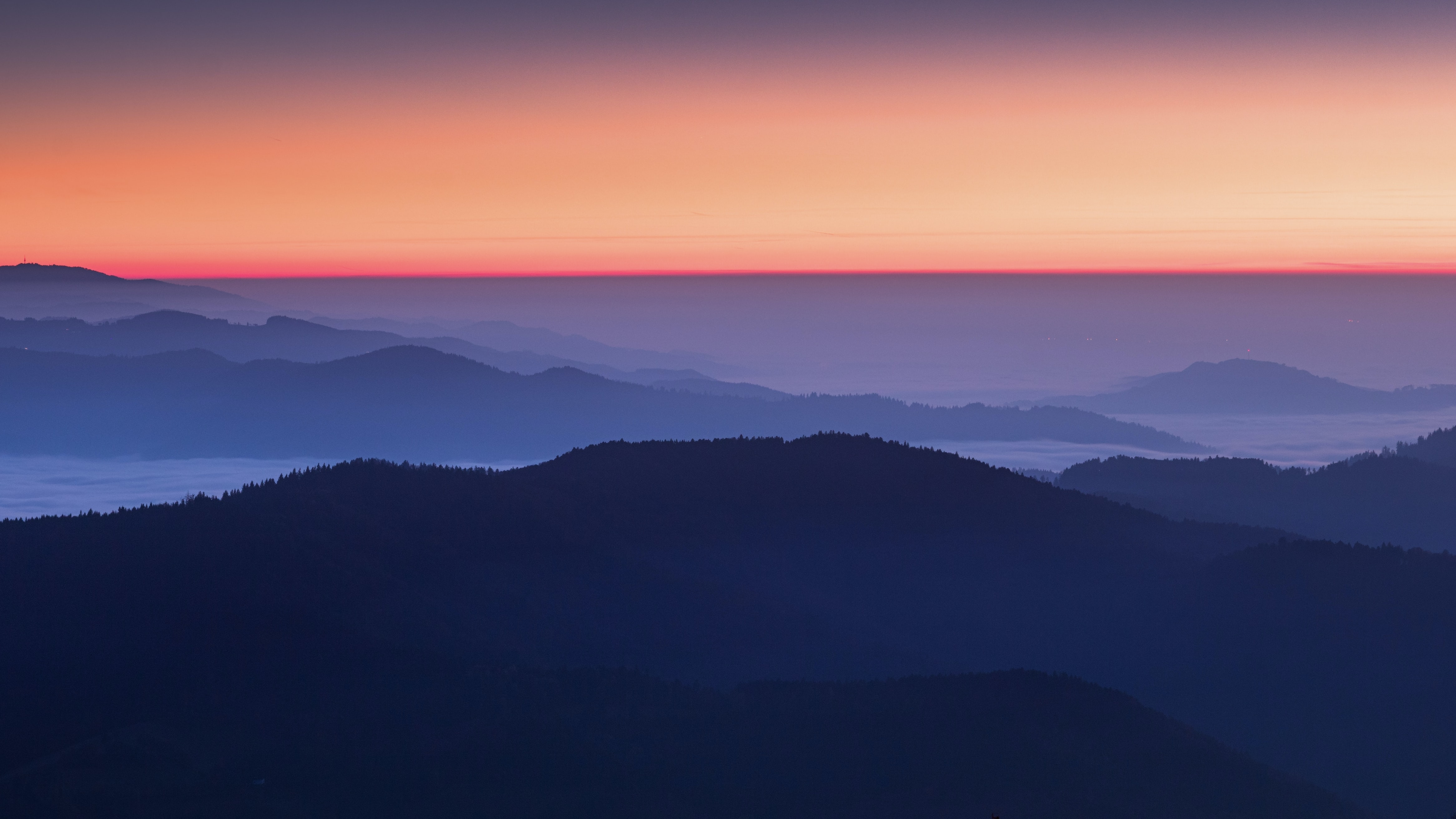 HD wallpaper, Foggy, Mountains, Sky View, Mountain Range, 5K, Sunset Orange