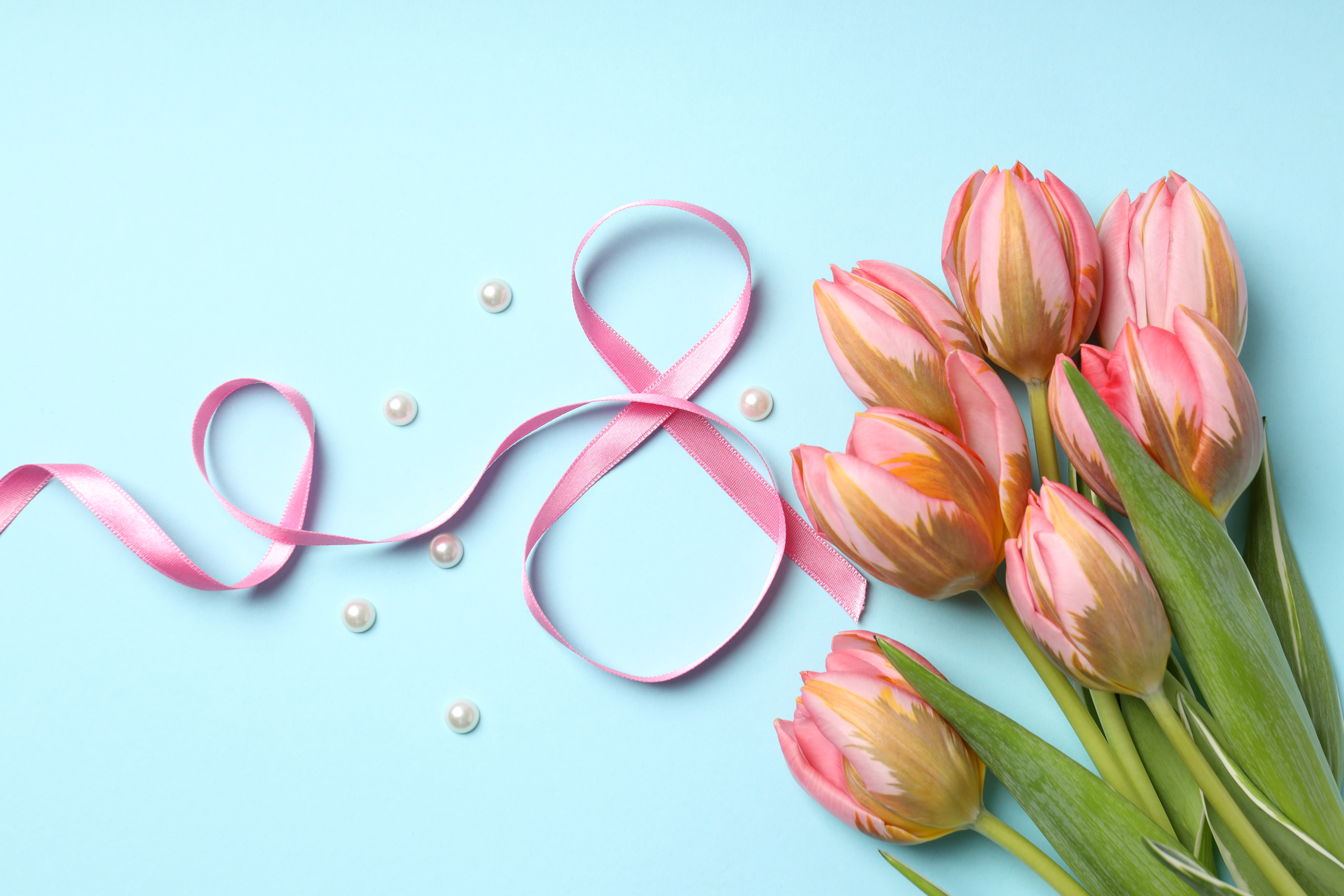 HD wallpaper, Ribbon, 5K, March 8Th, Pearls, Blue Background, Tulips