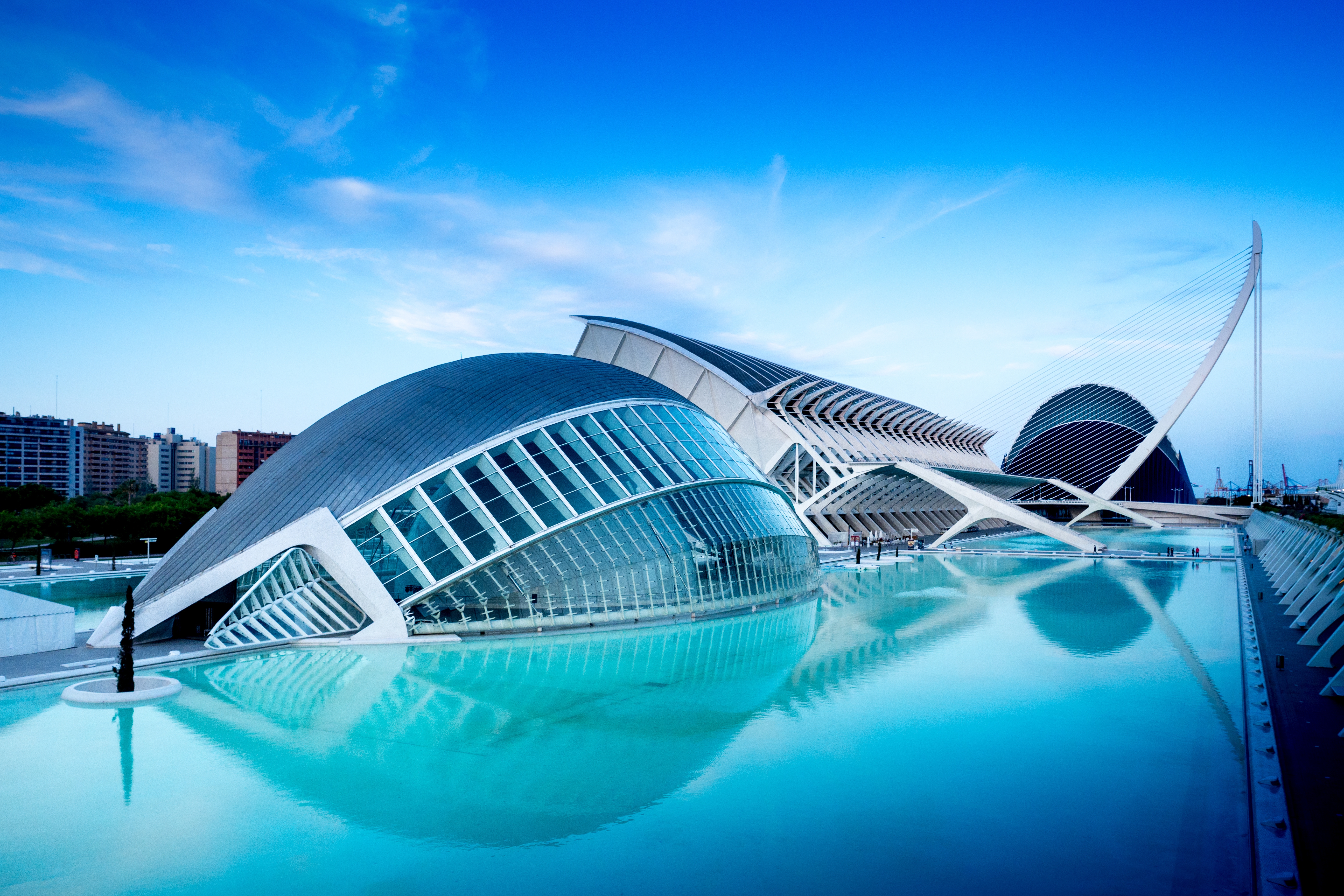 HD wallpaper, Spain, City Of Arts And Sciences, 5K, Water, Valencia, Pool, Evening, Blue Hour, Reflection, Sky View