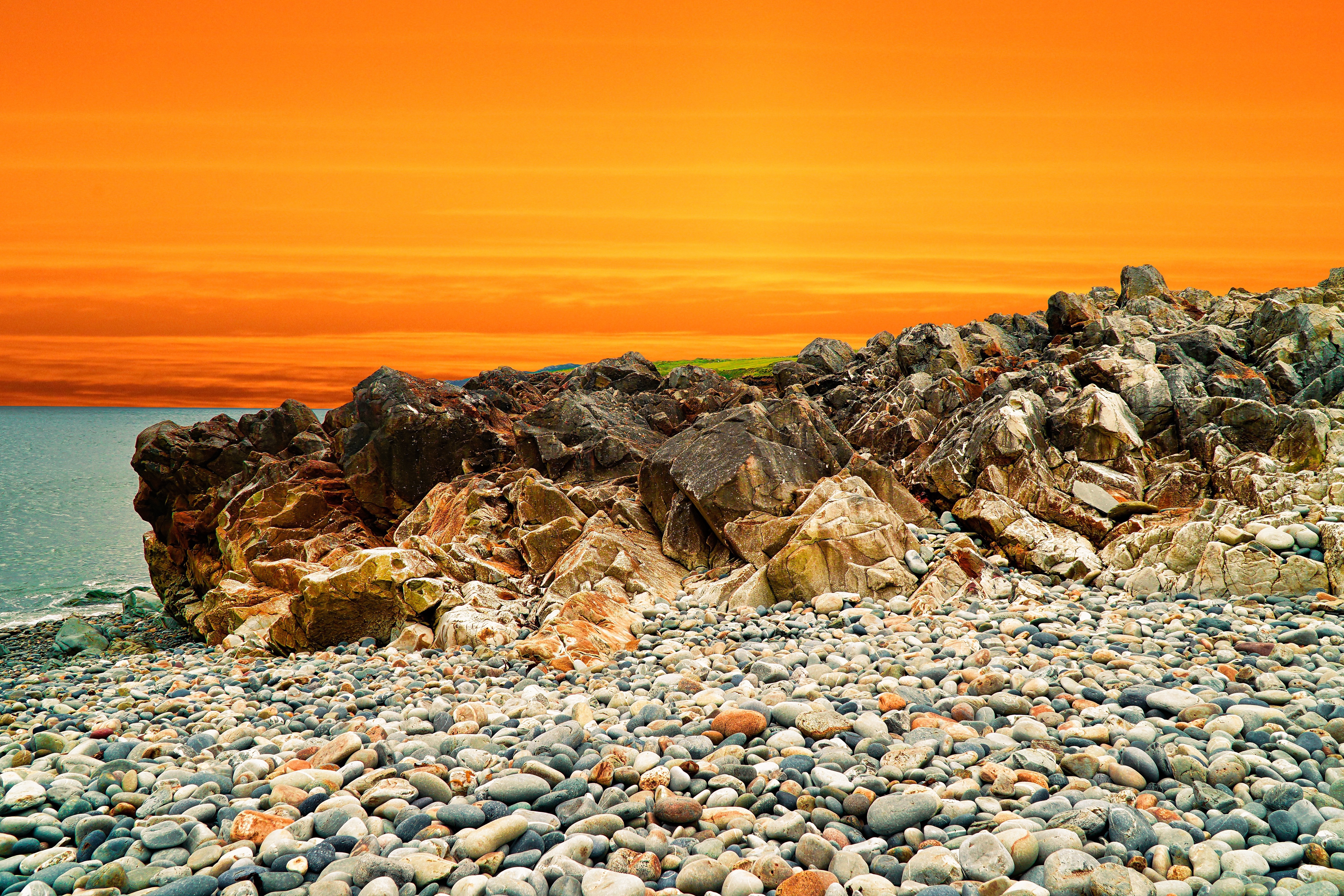HD wallpaper, Pebbles, Landscape, Rocks, Coastal, Orange Sky, Scenery, Water, 5K, Ocean, Sunset