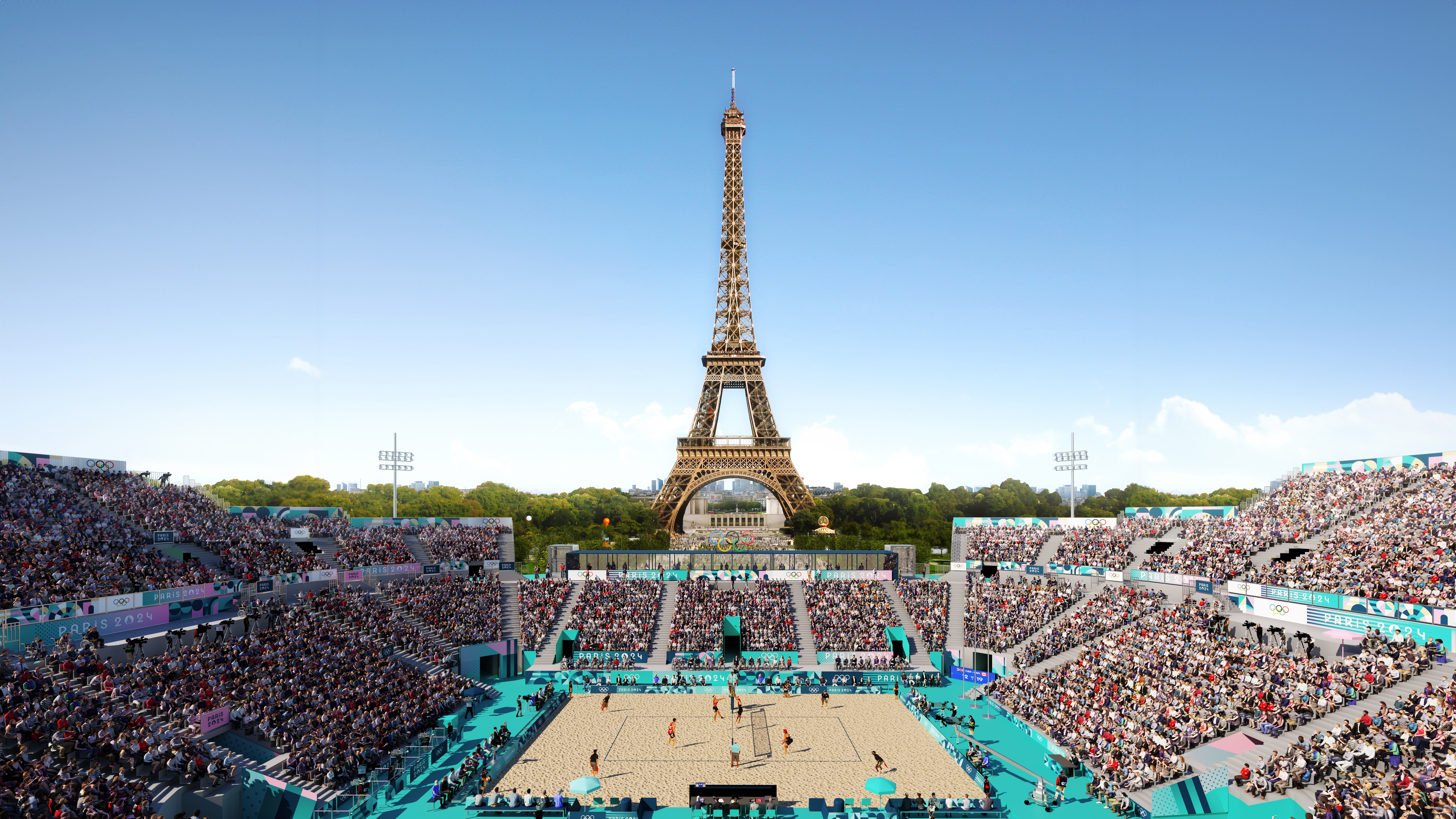 HD wallpaper, Summer Olympics, Paris, 8K, 2024, 5K, Volleyball, Eiffel Tower