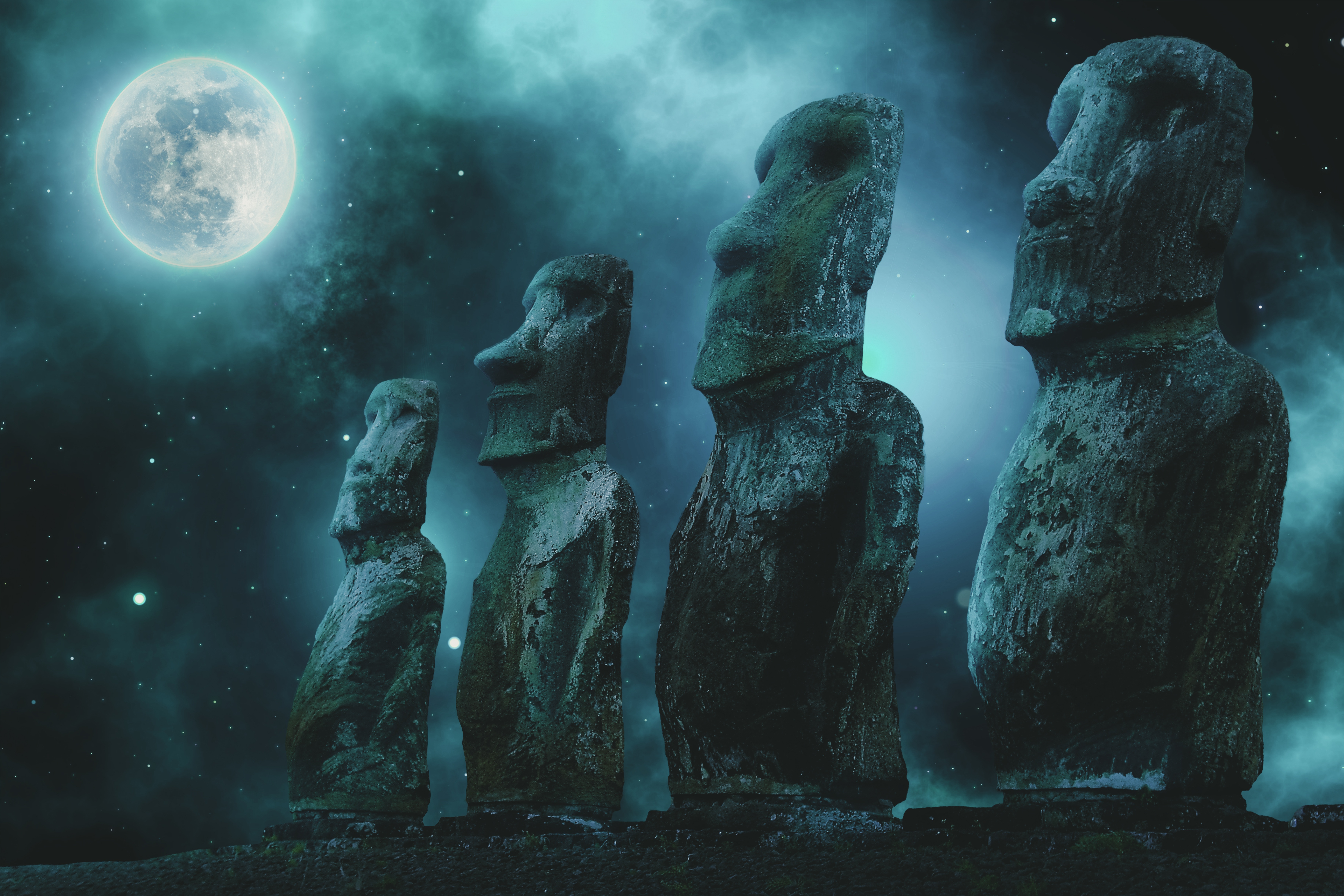 HD wallpaper, Stars, 8K, Easter Island, Night Sky, 5K, Full Moon, Moai Statues