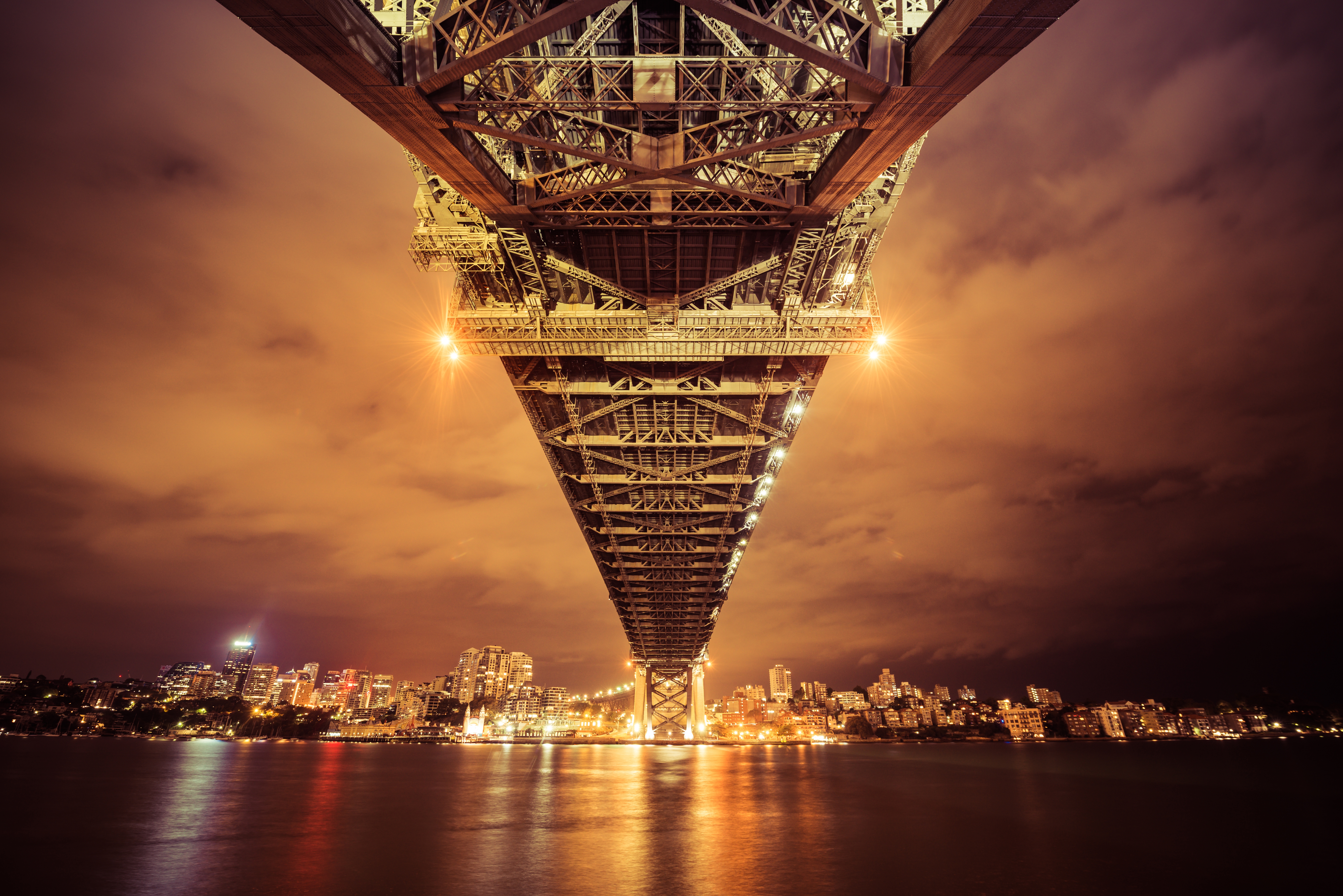 HD wallpaper, Orange, Reflection, 8K, Illuminated, 5K, Cityscape, Australia, Sky View, Sydney Harbour Bridge, City Lights, Bright, Nightscape, River