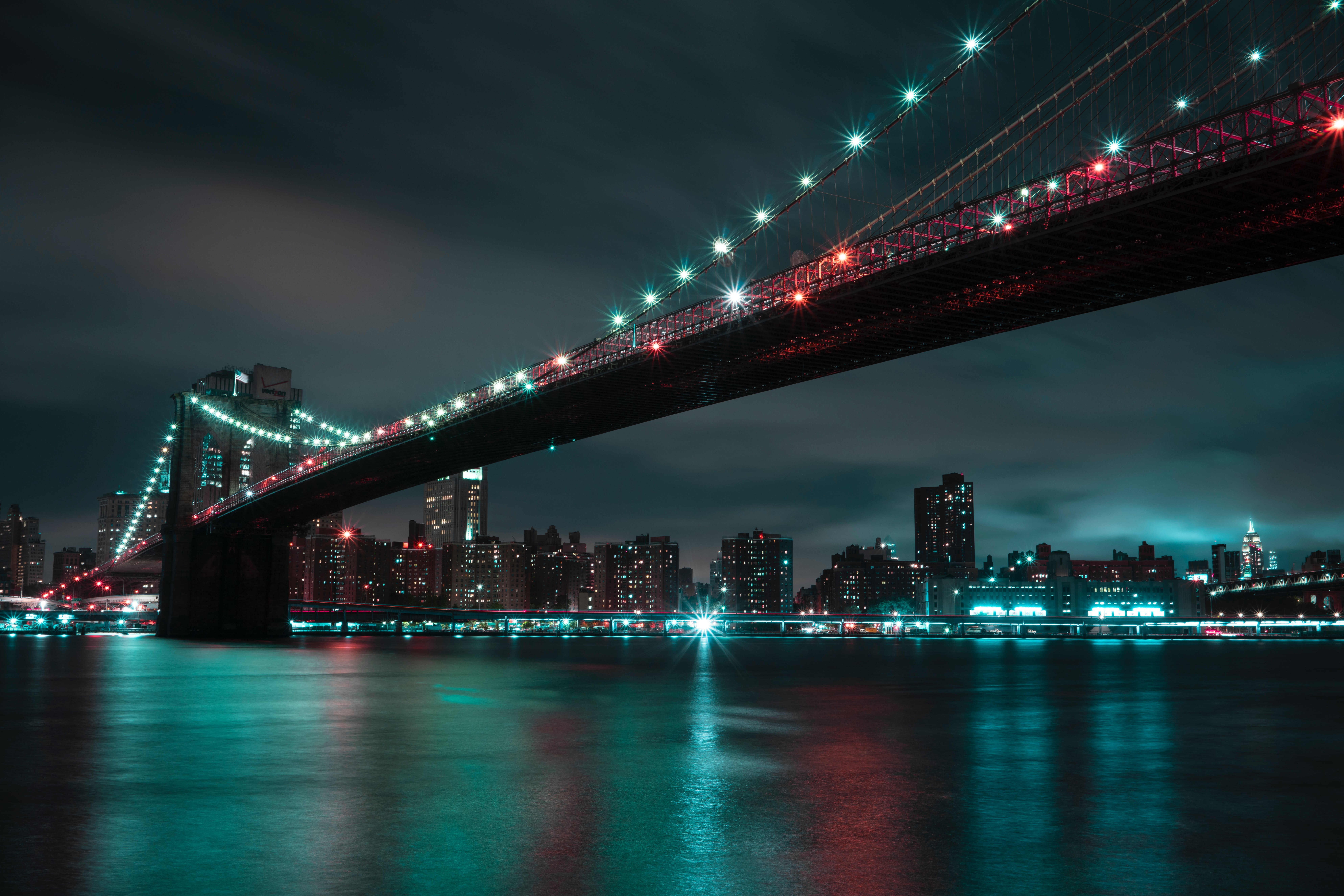 HD wallpaper, City Lights, Cityscape, Brooklyn Bridge, 8K, 5K, New York City, River, Manhattan, Night