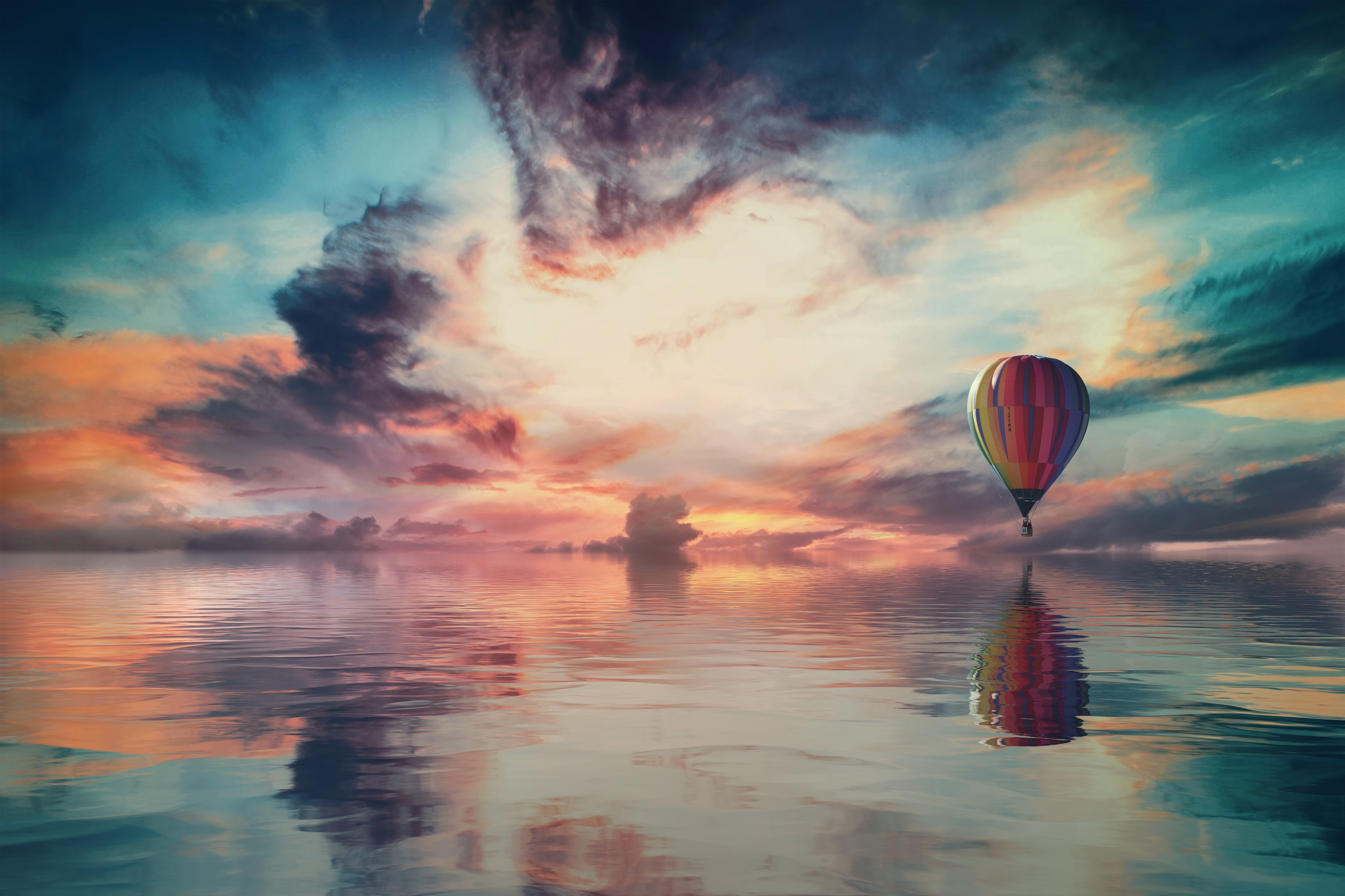HD wallpaper, Clouds, Hot Air Balloon, Aesthetic, Reflection, 8K, Water, Multicolor, Colorful Sky, 5K, Sky View