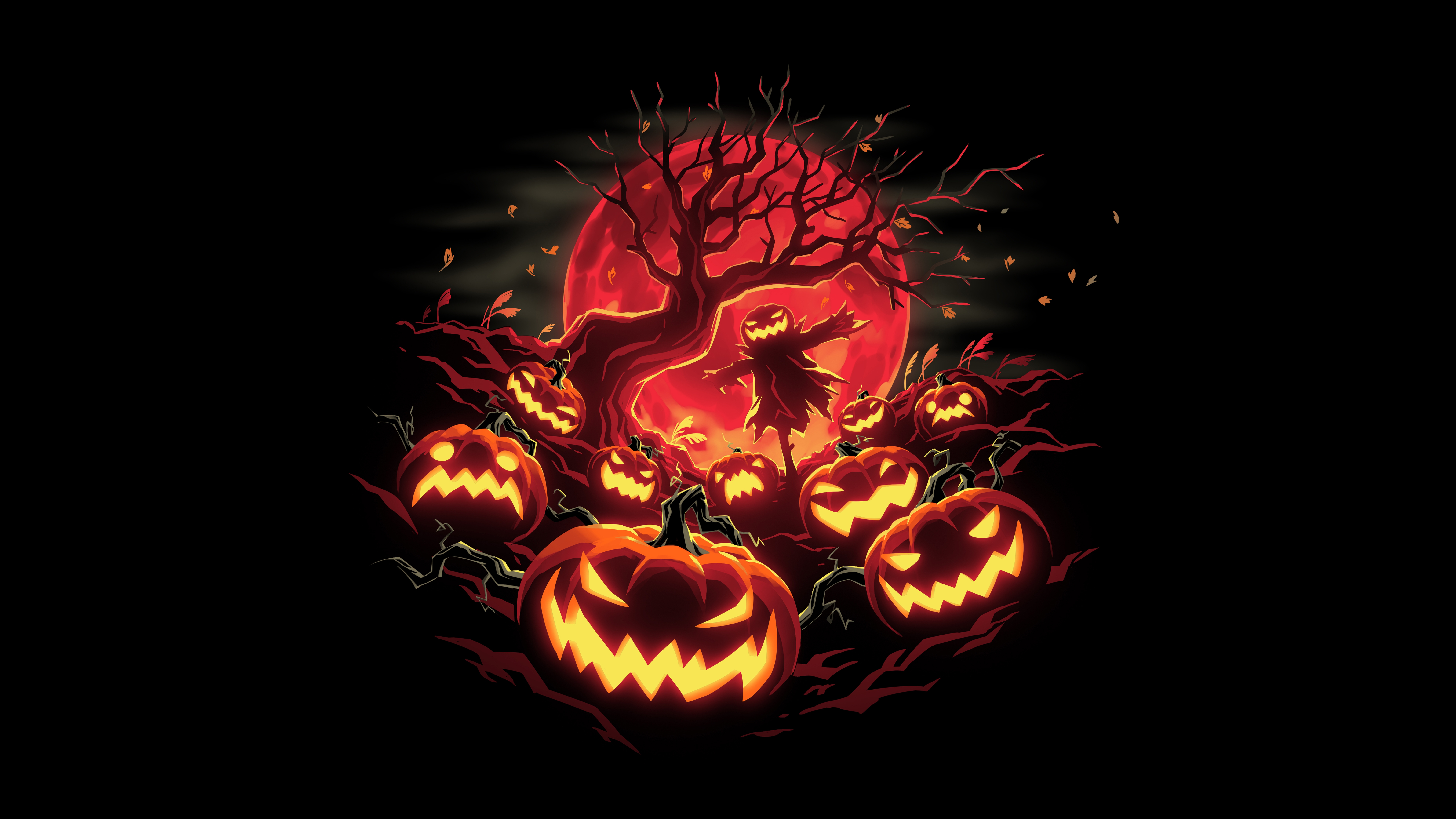 HD wallpaper, Halloween Pumpkins, Black Background, 5K, 8K, Haunted, Scarecrow