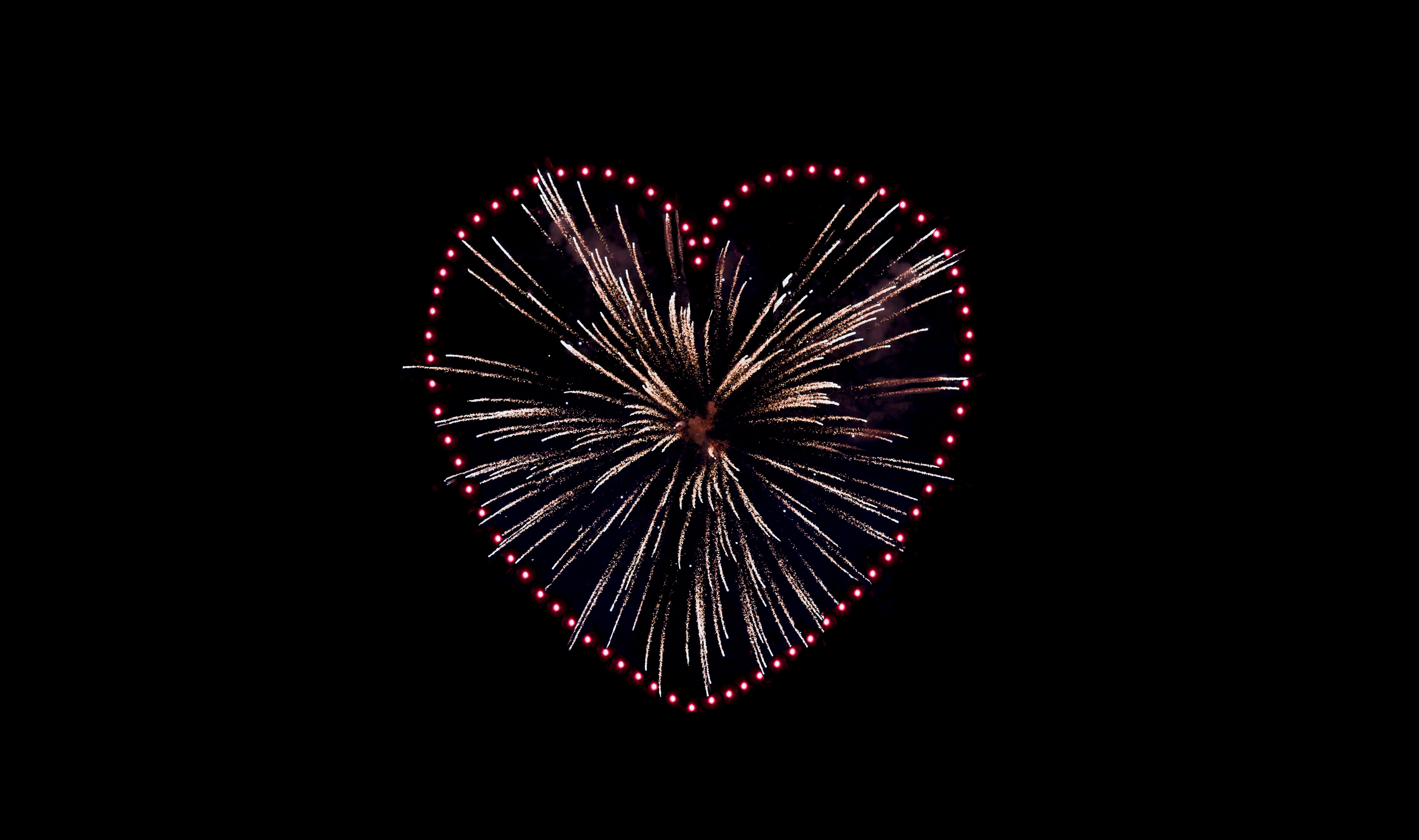 HD wallpaper, 5K, 8K, Black Background, Fireworks, Sparkles, Night, Love Heart