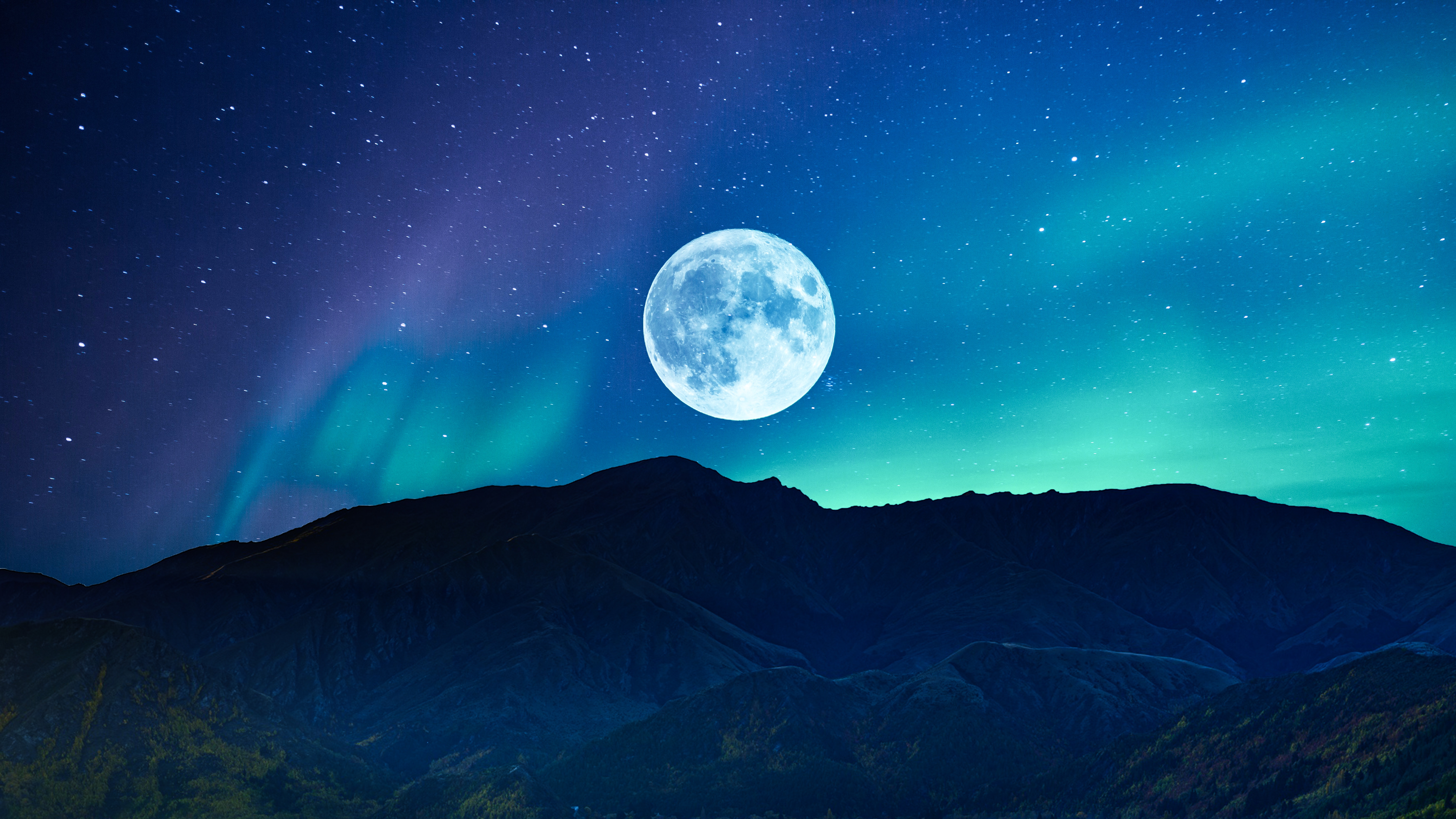HD wallpaper, 8K, Starry Sky, Surreal, Silhouette, Mountain, 5K, Full Moon, Natural Phenomena, Aurora Borealis, Night Time, Scenery, Landscape