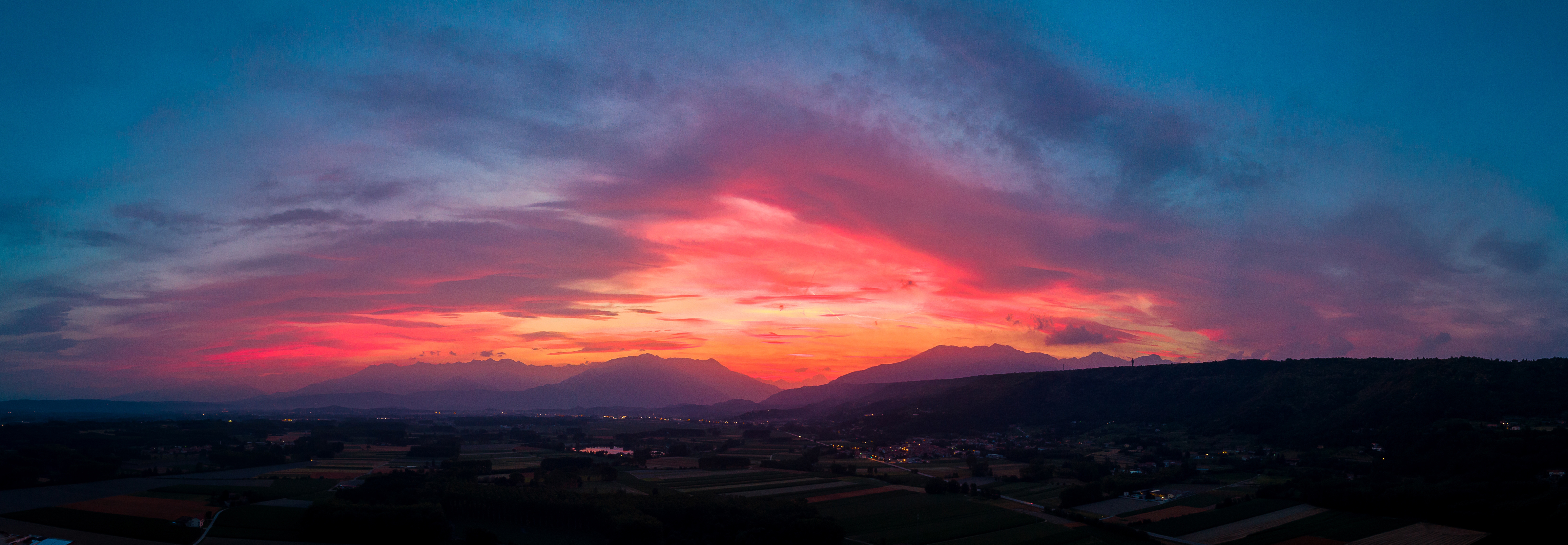 HD wallpaper, Afterglow, Sunset, Red Sky, Twilight, 8K, Mountains, 5K, Countryside