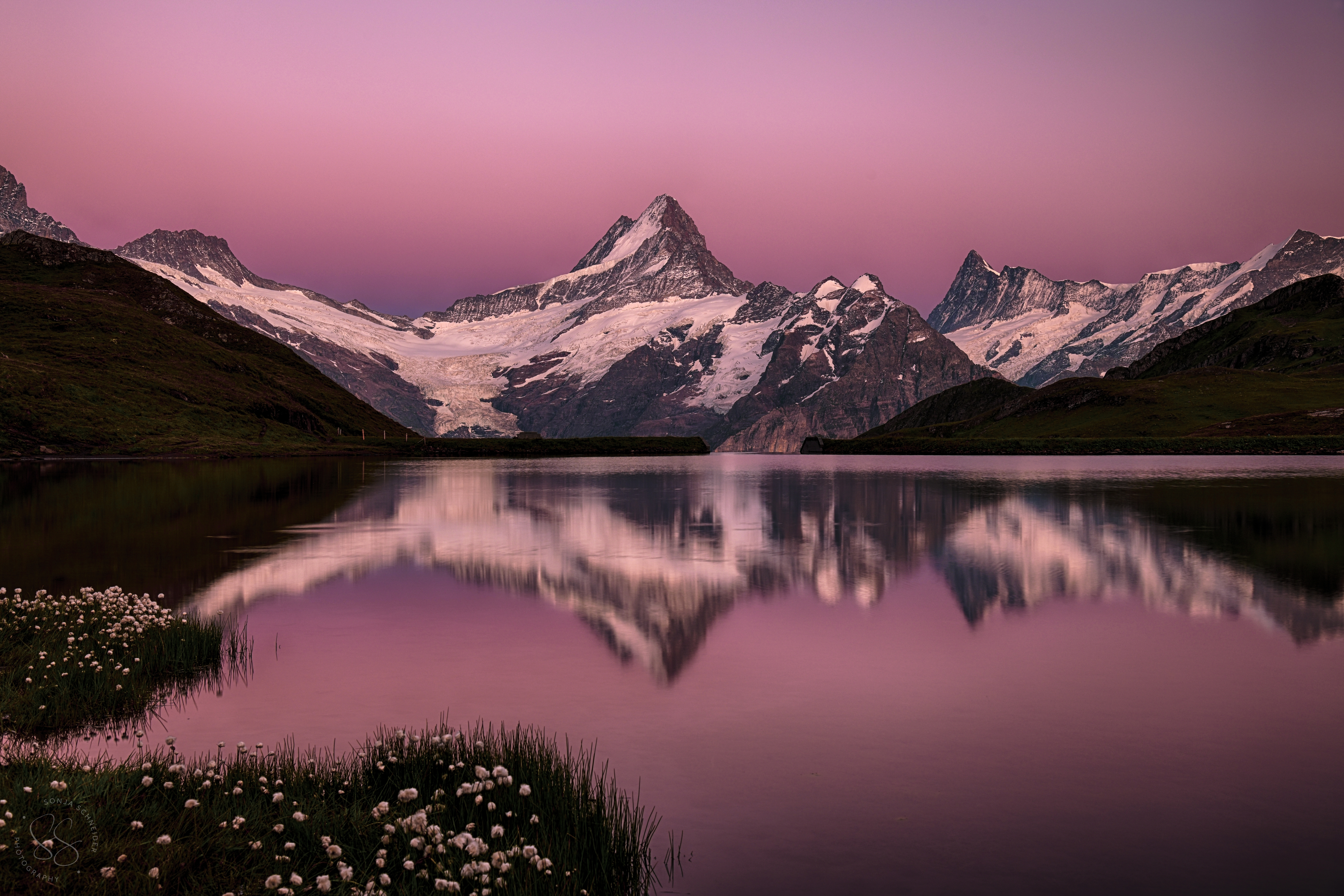 HD wallpaper, Mountain View, Sunset, Switzerland, Snow Covered, Reflection, Bachalpsee Lake, 5K, Swiss Alps, 8K, Dusk, Pink Sky