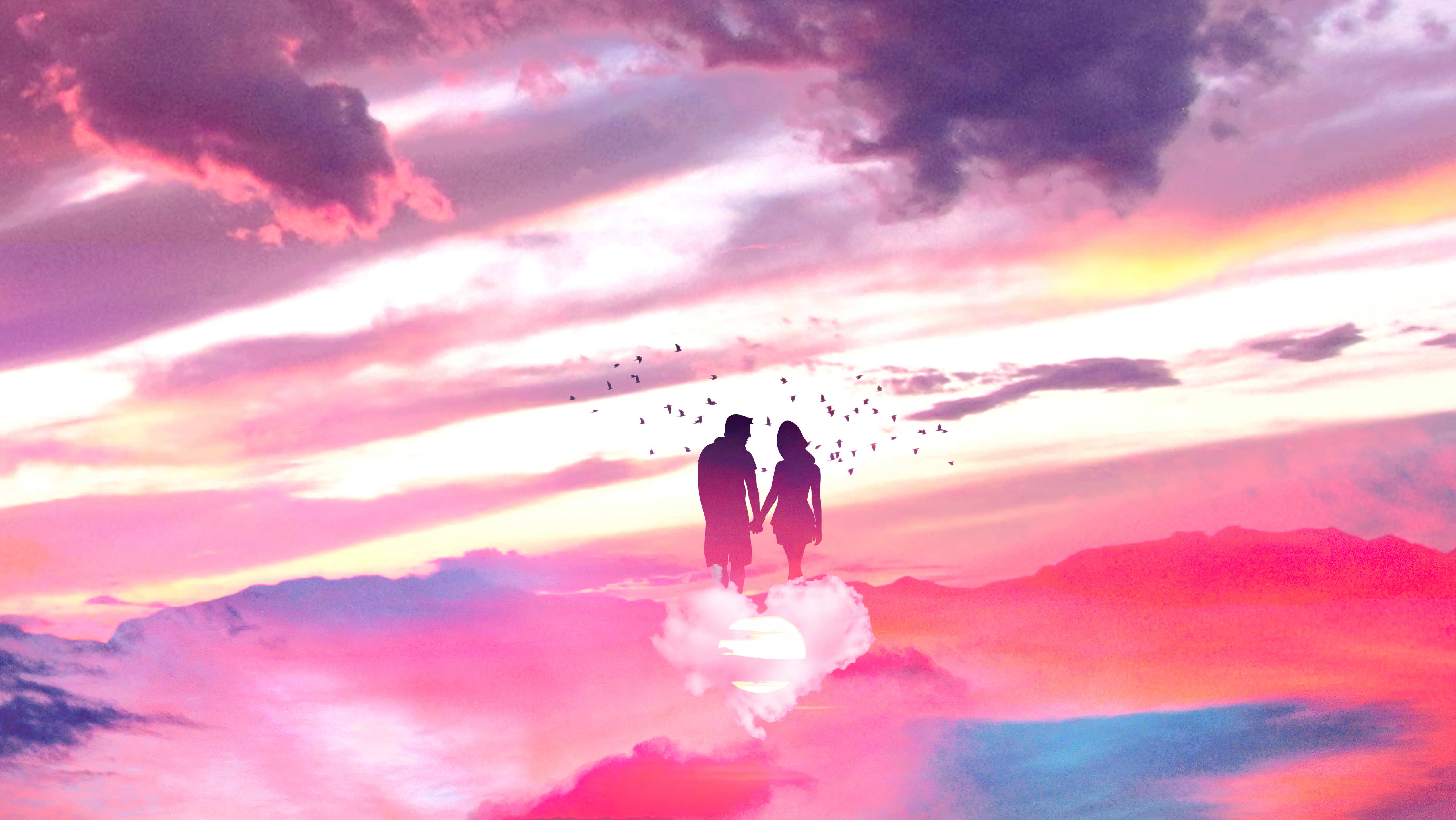 HD wallpaper, Above Clouds, Lovers, Romantic, 5K, Pink, Surreal, Together, Dream, Couple
