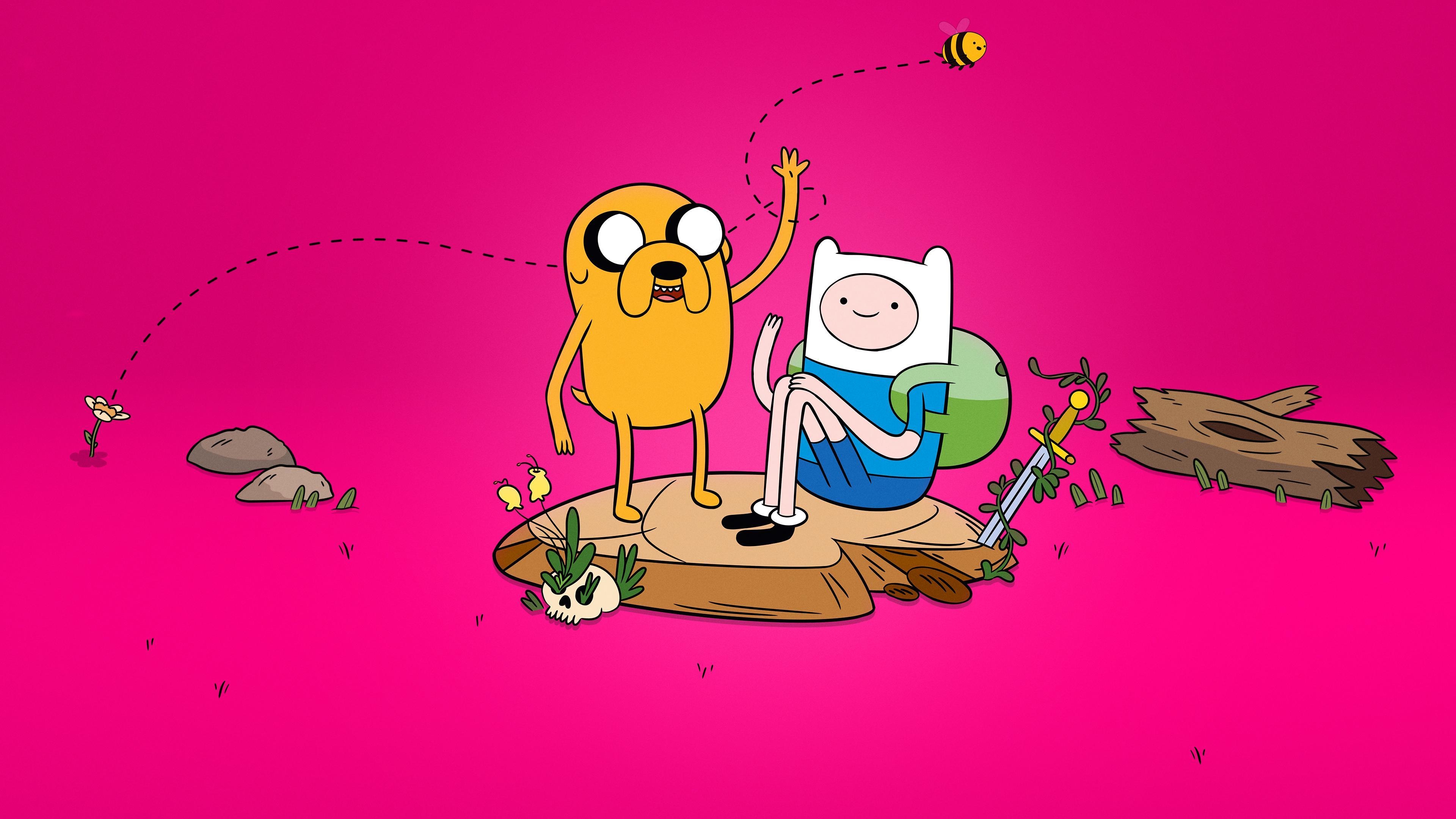 HD wallpaper, Adventure Time, Cartoon Network, Finn, Jake, Pink Background