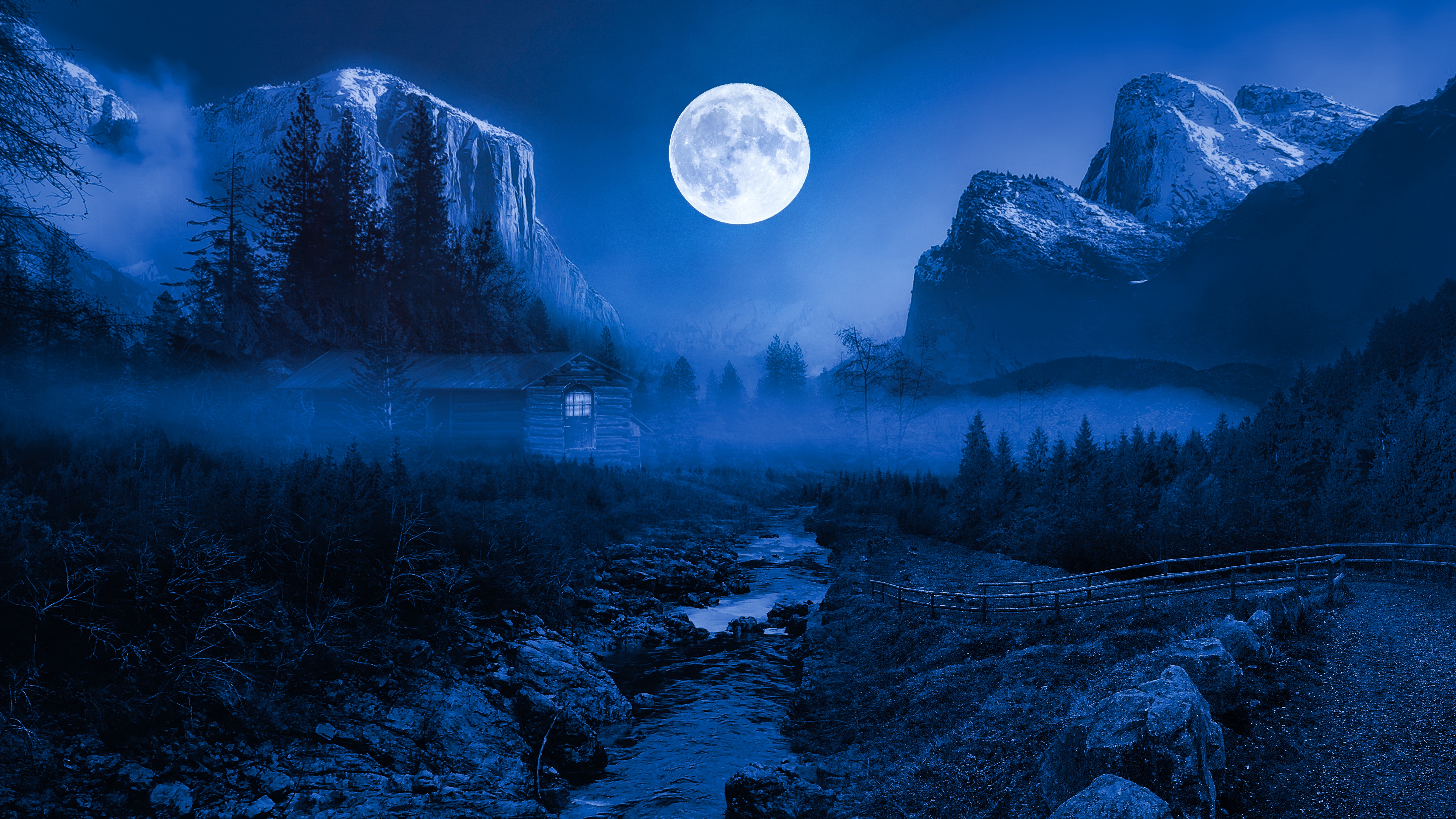 HD wallpaper, 8K, Water Stream, Twilight Moon, Forest, 5K, Camping, Adventure, Night Time, Wooden House, Landscape, Mountain