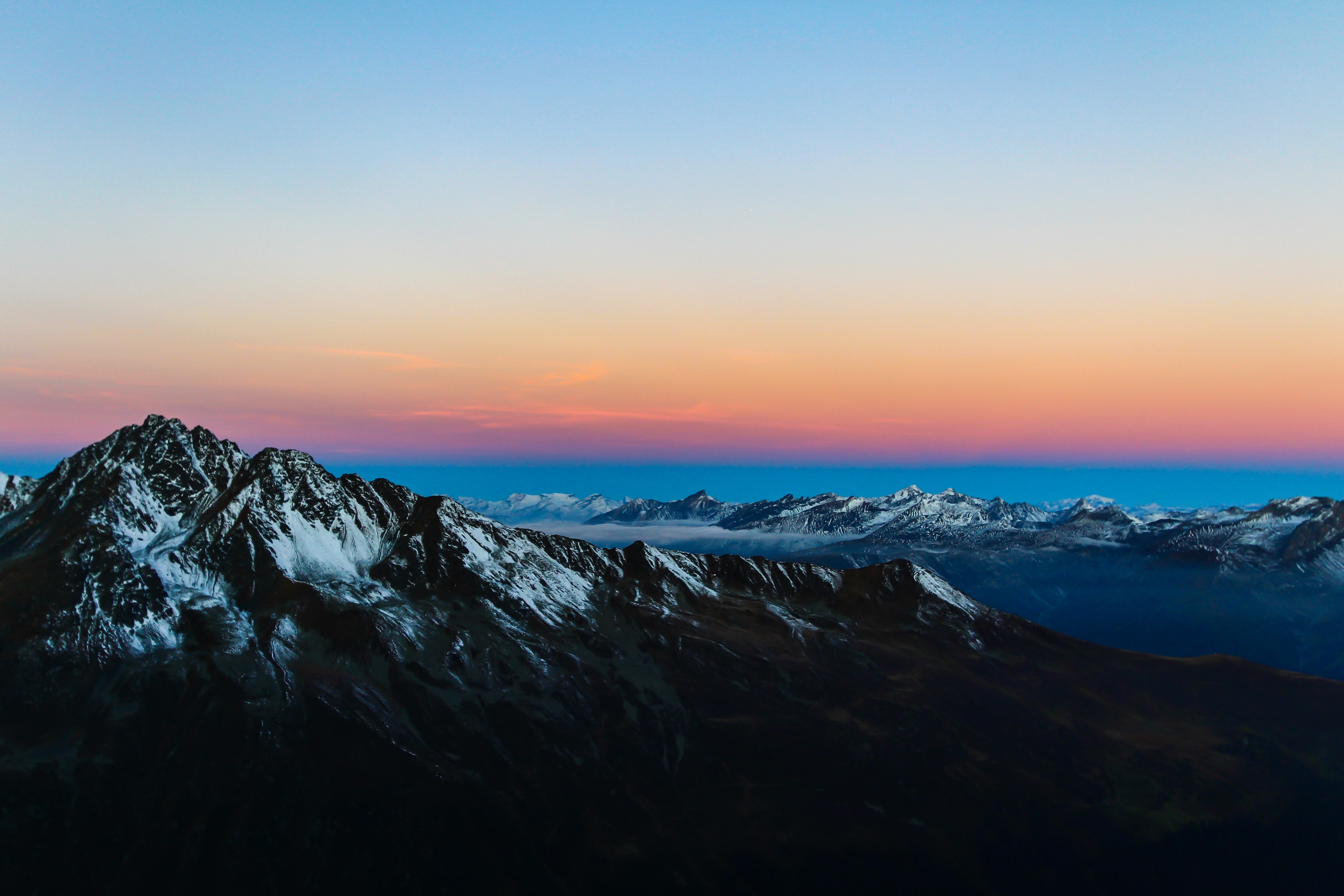 HD wallpaper, Landscape, Clear Sky, Mountain Range, Aerial View, Scenic, 5K, Sunrise, Glacier Mountains, Peak, Snow Covered