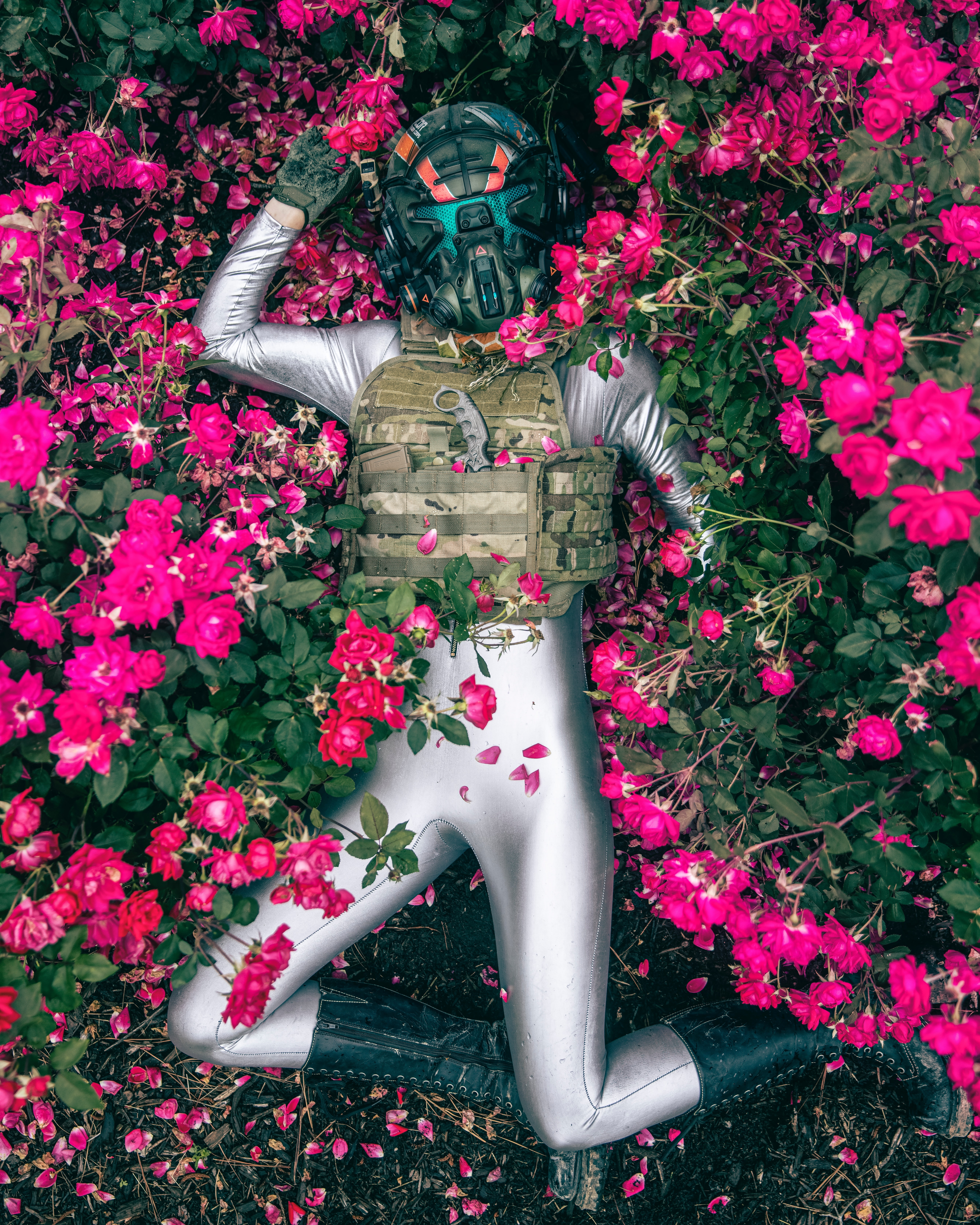 HD wallpaper, Extinction, Mask, Suit, 5K, Aerial View, Floral, Armor, Pink Flowers, Lying Down
