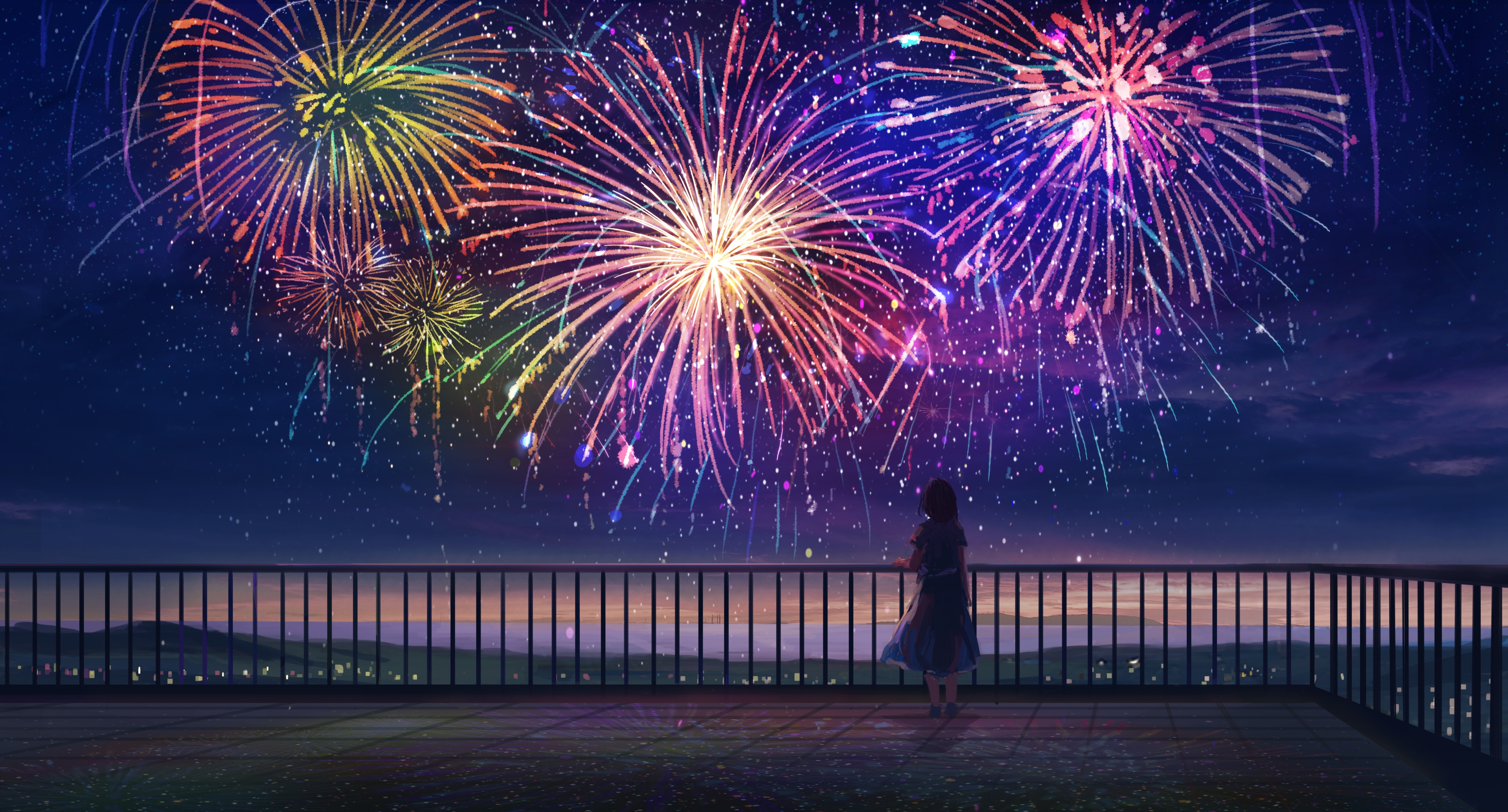 HD wallpaper, Aesthetic, Anime Girl, Dream, Colorful, Alone, Fireworks, Mood
