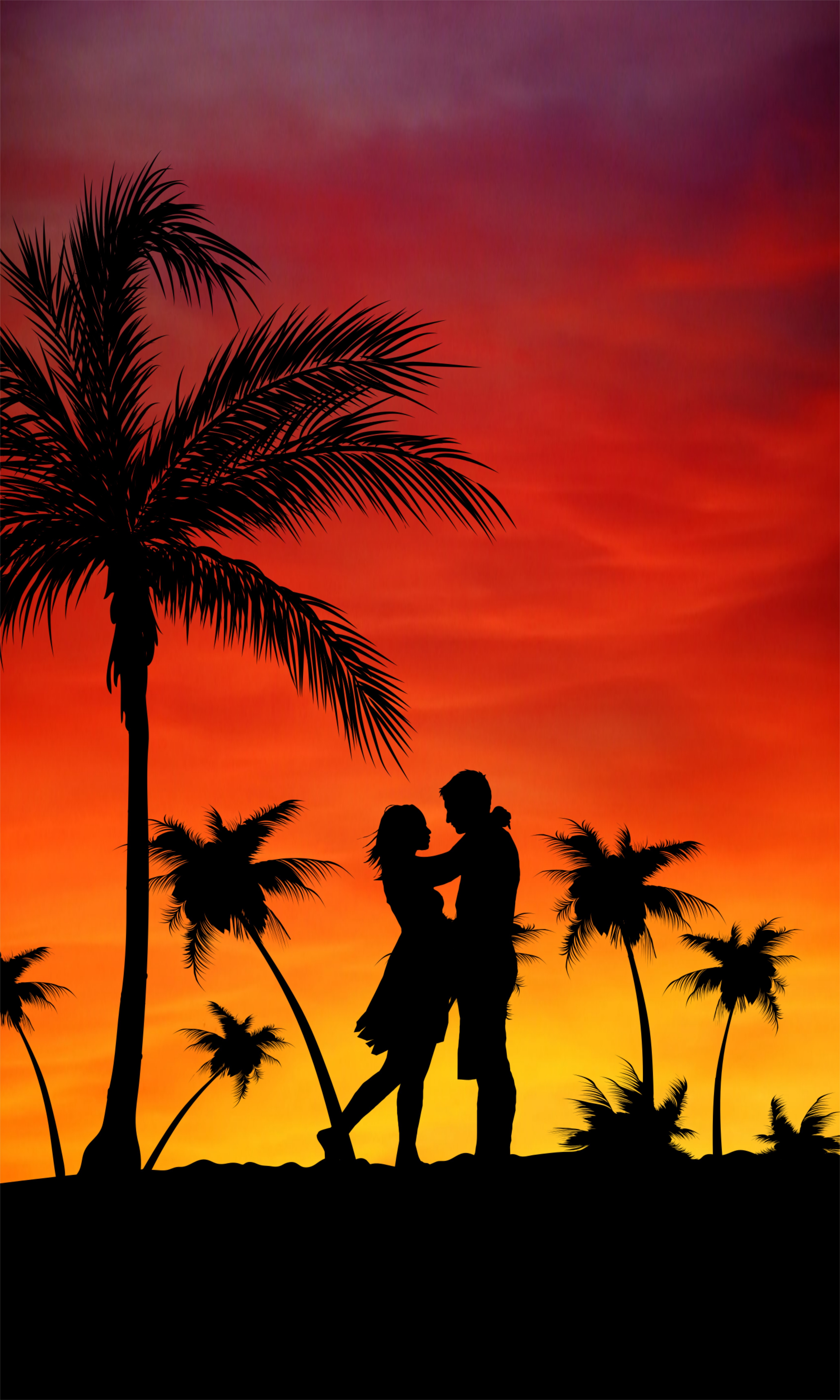 HD wallpaper, Romance, 5K, Palm Trees, Couple, Silhouette, Sunset, Orange Sky, Aesthetic