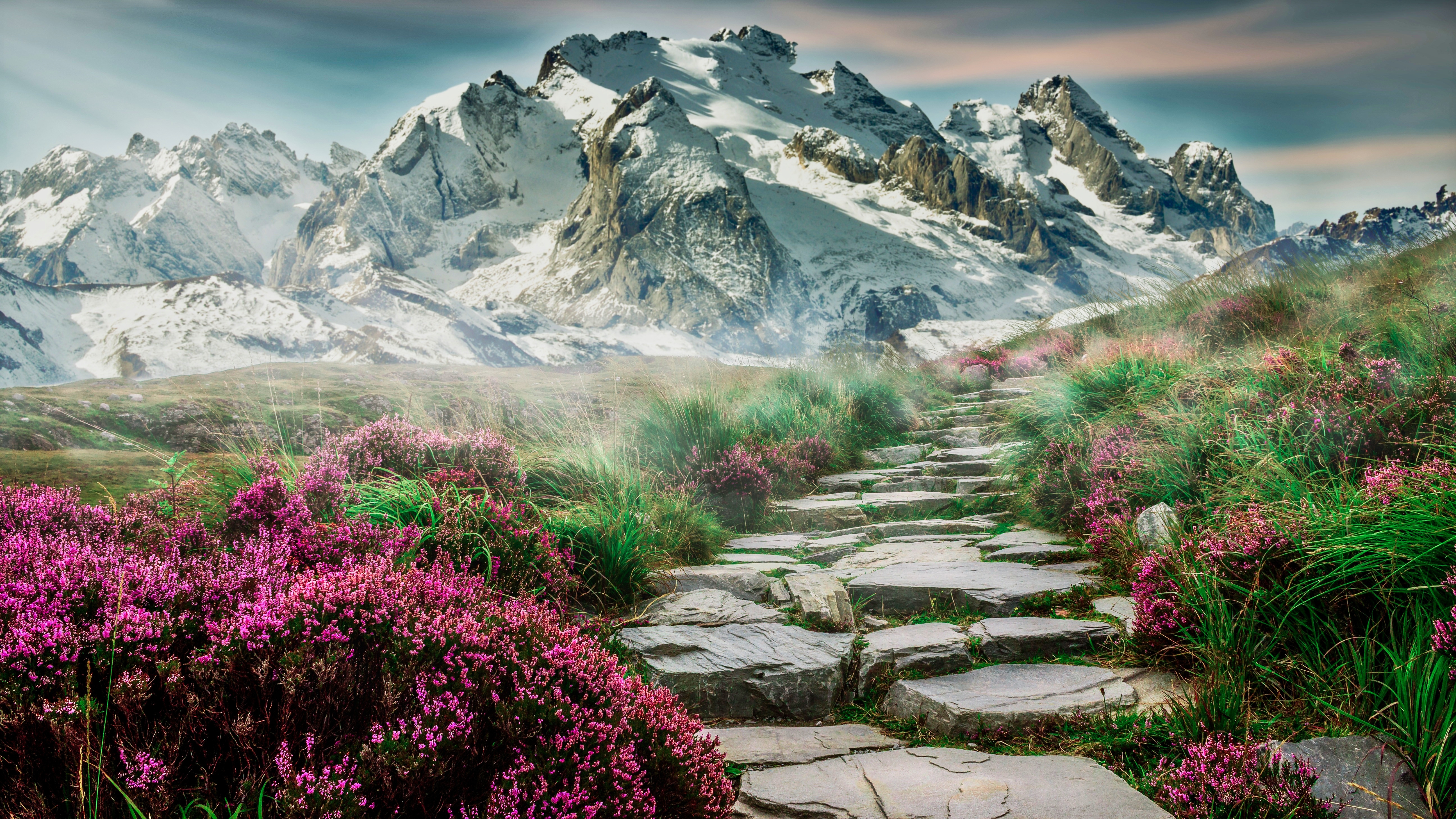 HD wallpaper, Landscape, Girly, Stone Staircase, Scenery, Aesthetic, Spring, Path, Hill, Mountains, 5K