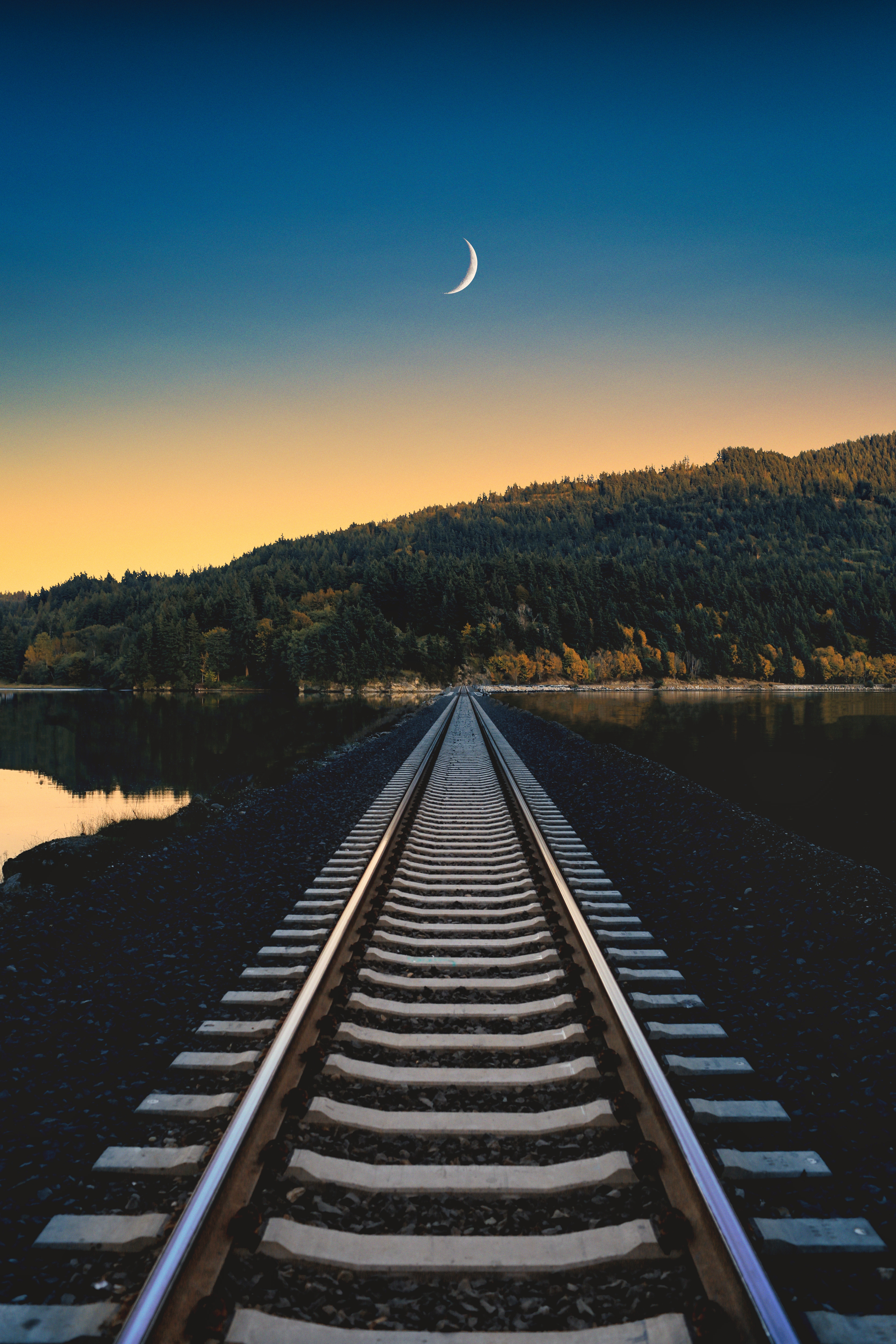 HD wallpaper, Crescent Moon, Aesthetic, Railroad, Mountain, Rail Track, Landscape, Half Moon, River, Sunset