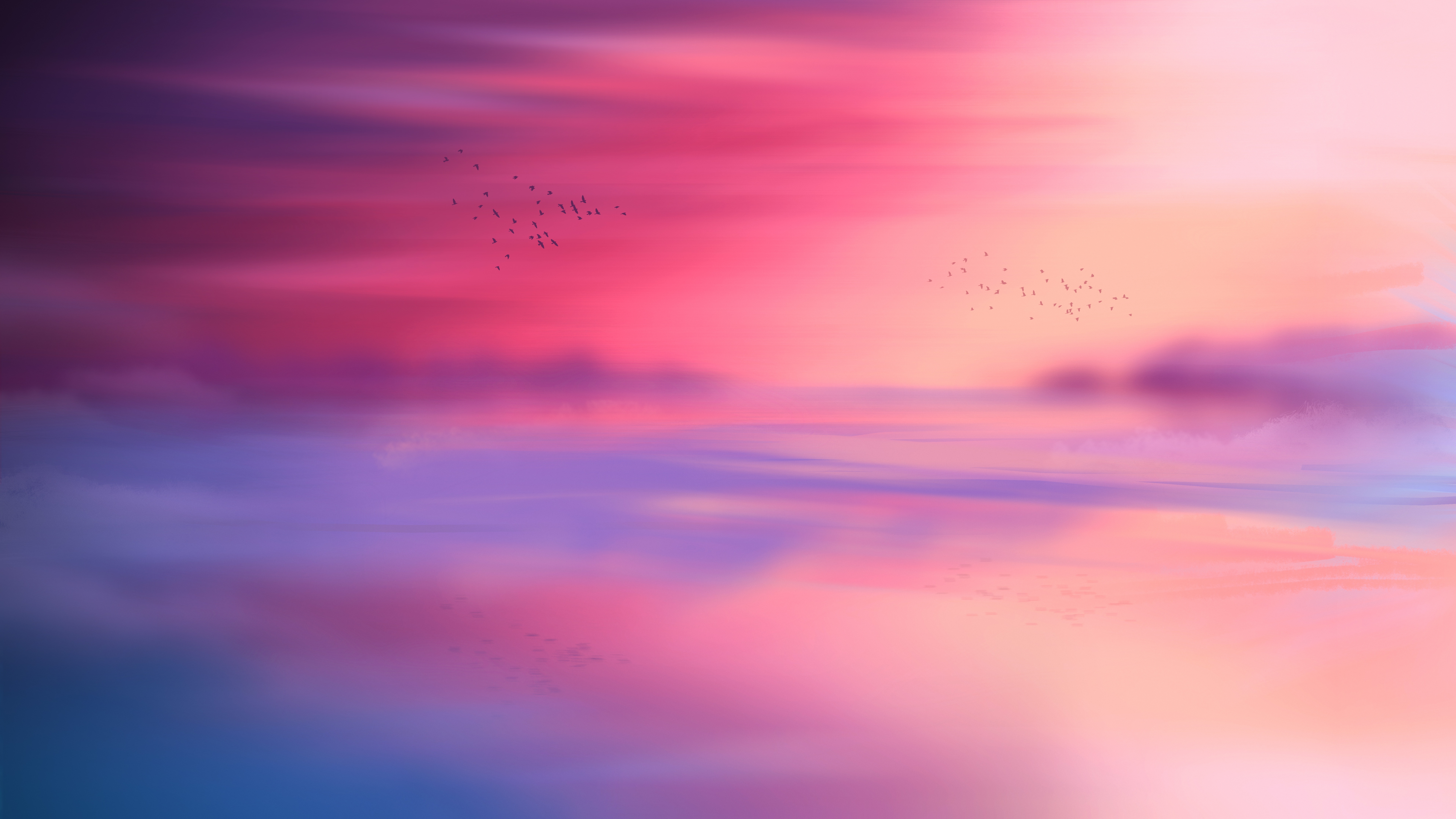 HD wallpaper, 5K, Sunset, Seascape, 8K, Flying Birds, Horizon, Aesthetic, Pink Sky, Scenic