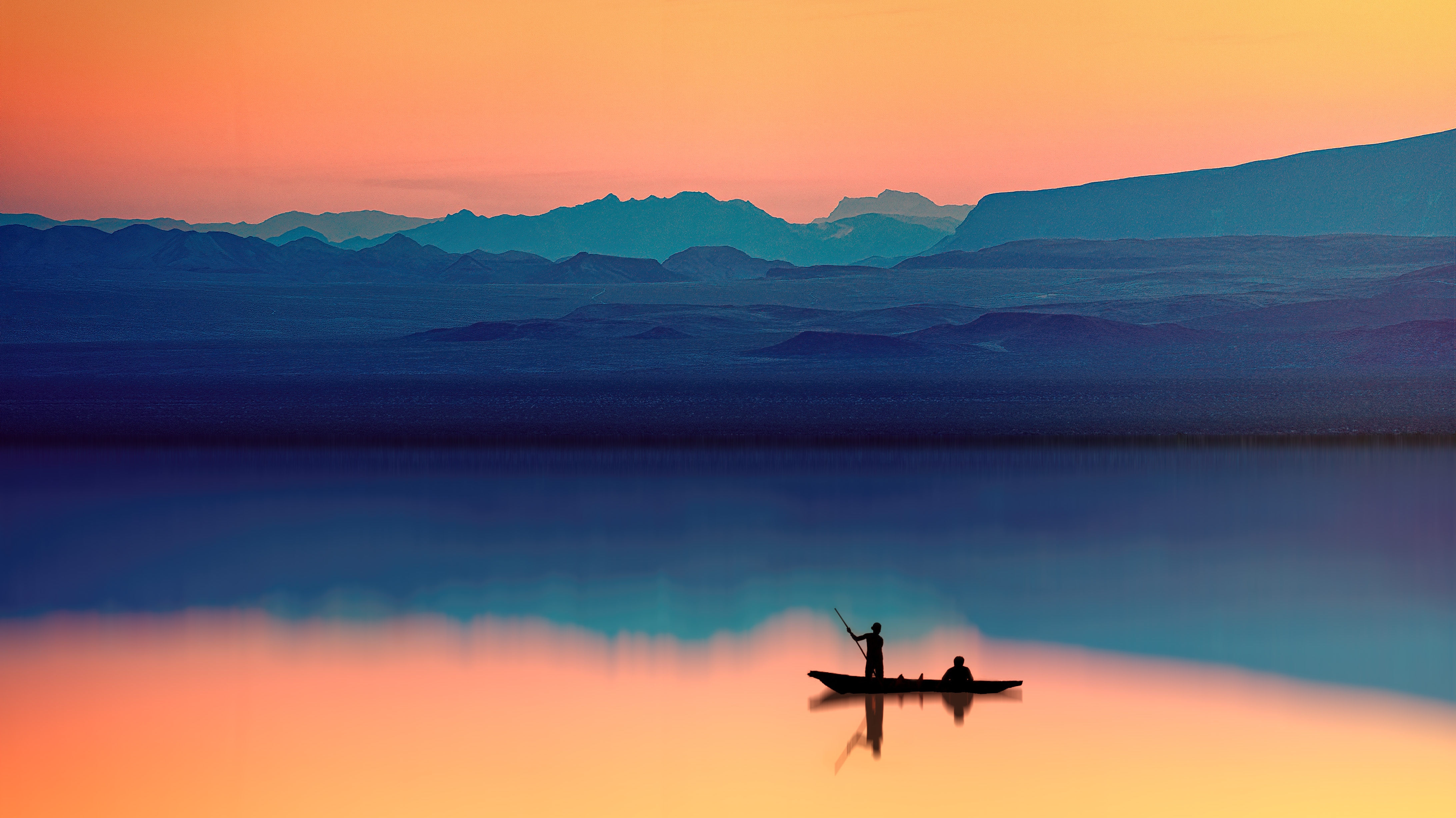 HD wallpaper, Evening, Mountains, Aesthetic, Dusk, Lake, Silhouette, River, Reflection, Boating