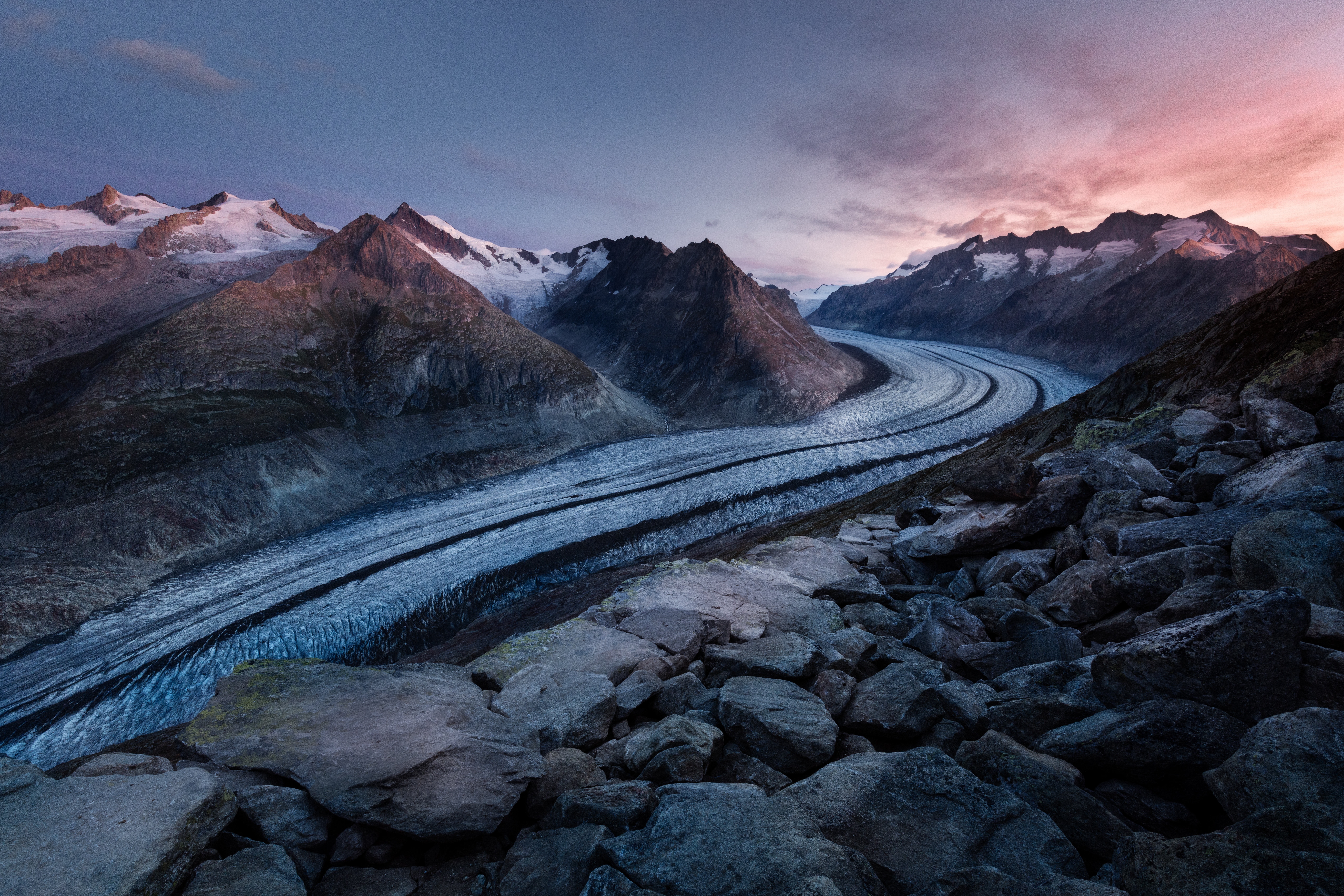 HD wallpaper, Mountains, 5K, Scenic, Landscape, Summit, Snow, Dawn, Bettmerhorn, Bernese Alps, Aesthetic, Winter, 8K, Sunrise