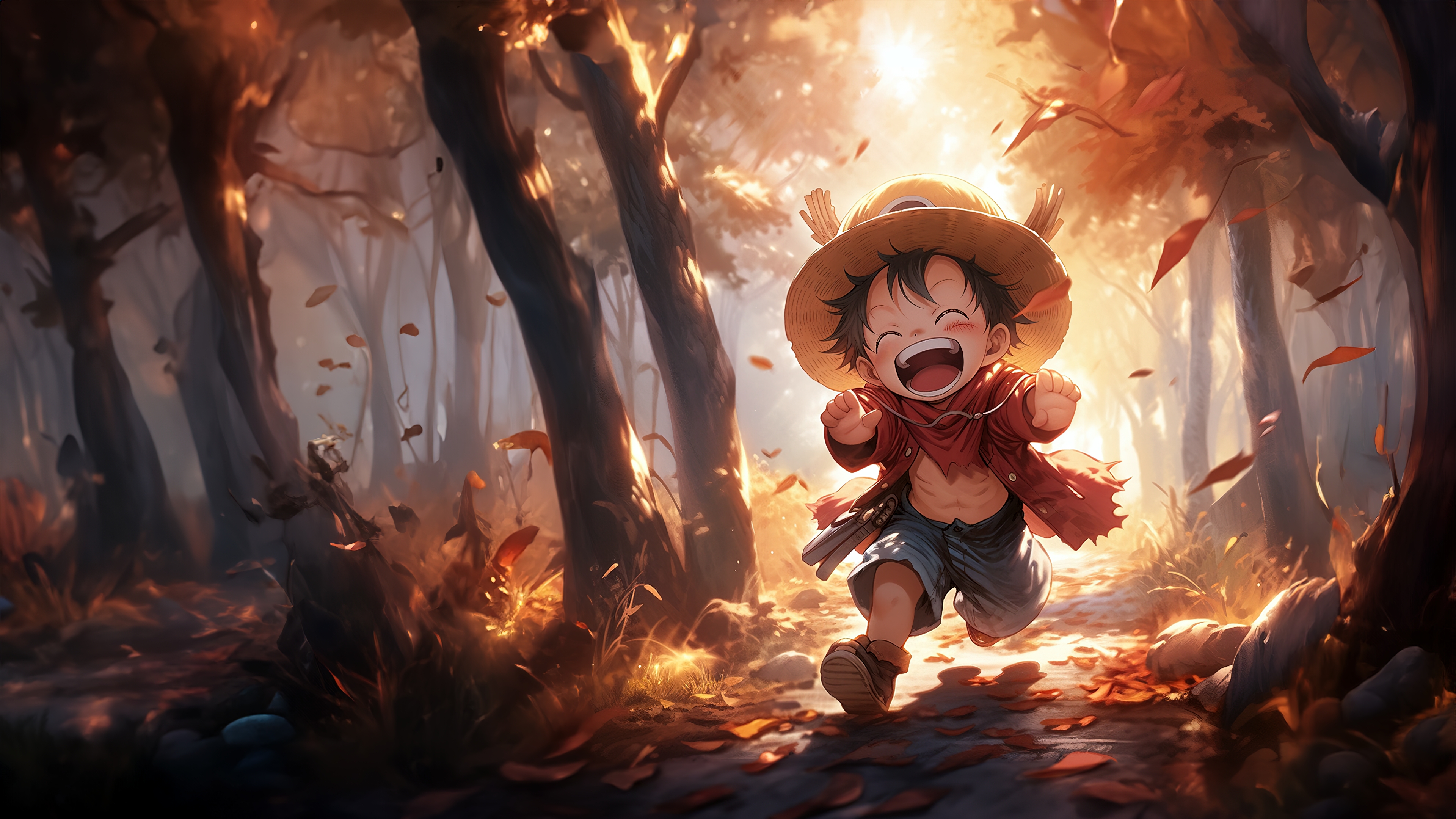 HD wallpaper, One Piece, Chibi Luffy, Ai Art, Autumn Forest