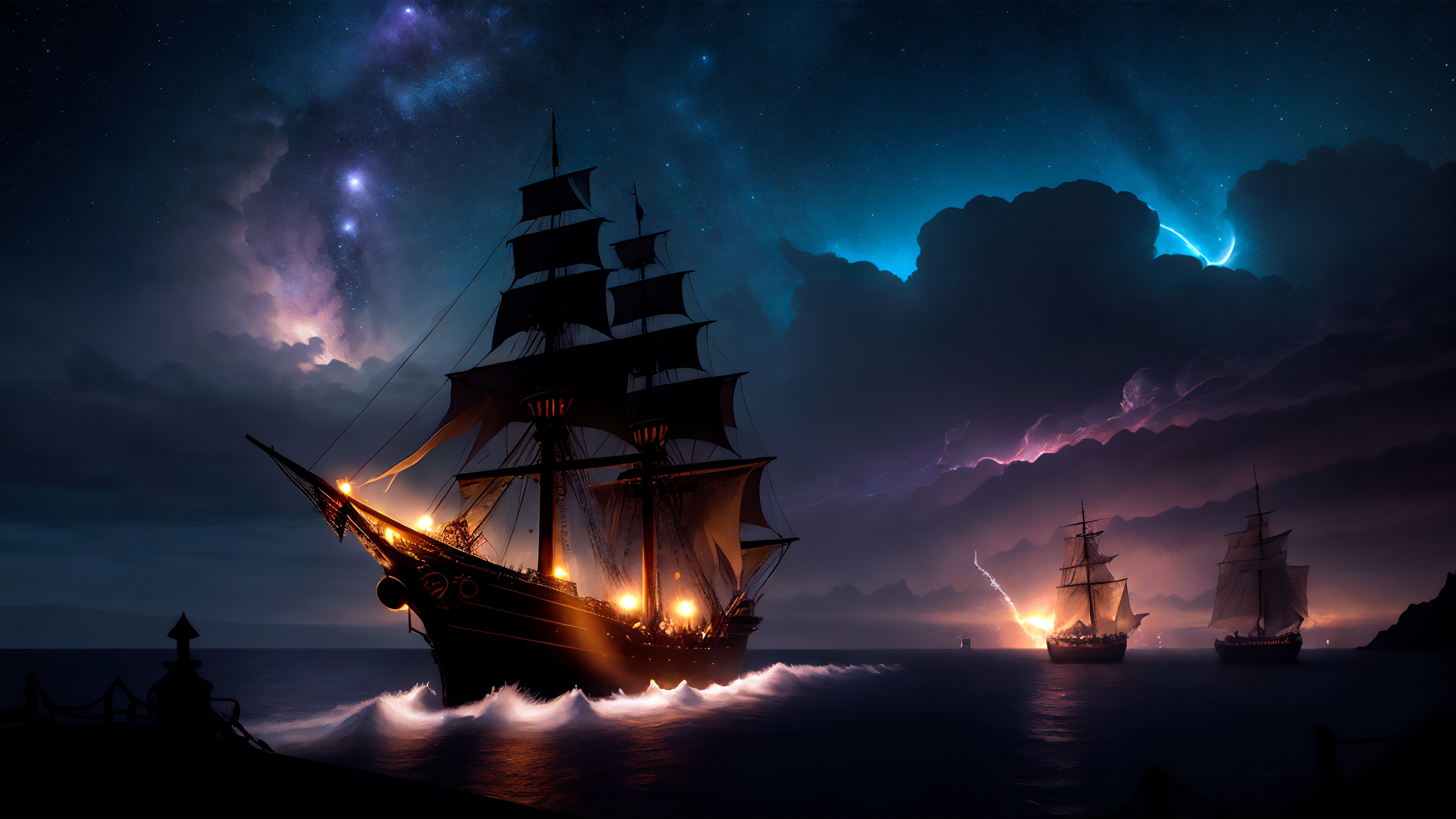 HD wallpaper, Night, Ship, Ai Art, Clouds, Storm, Starry Sky, Milky Way