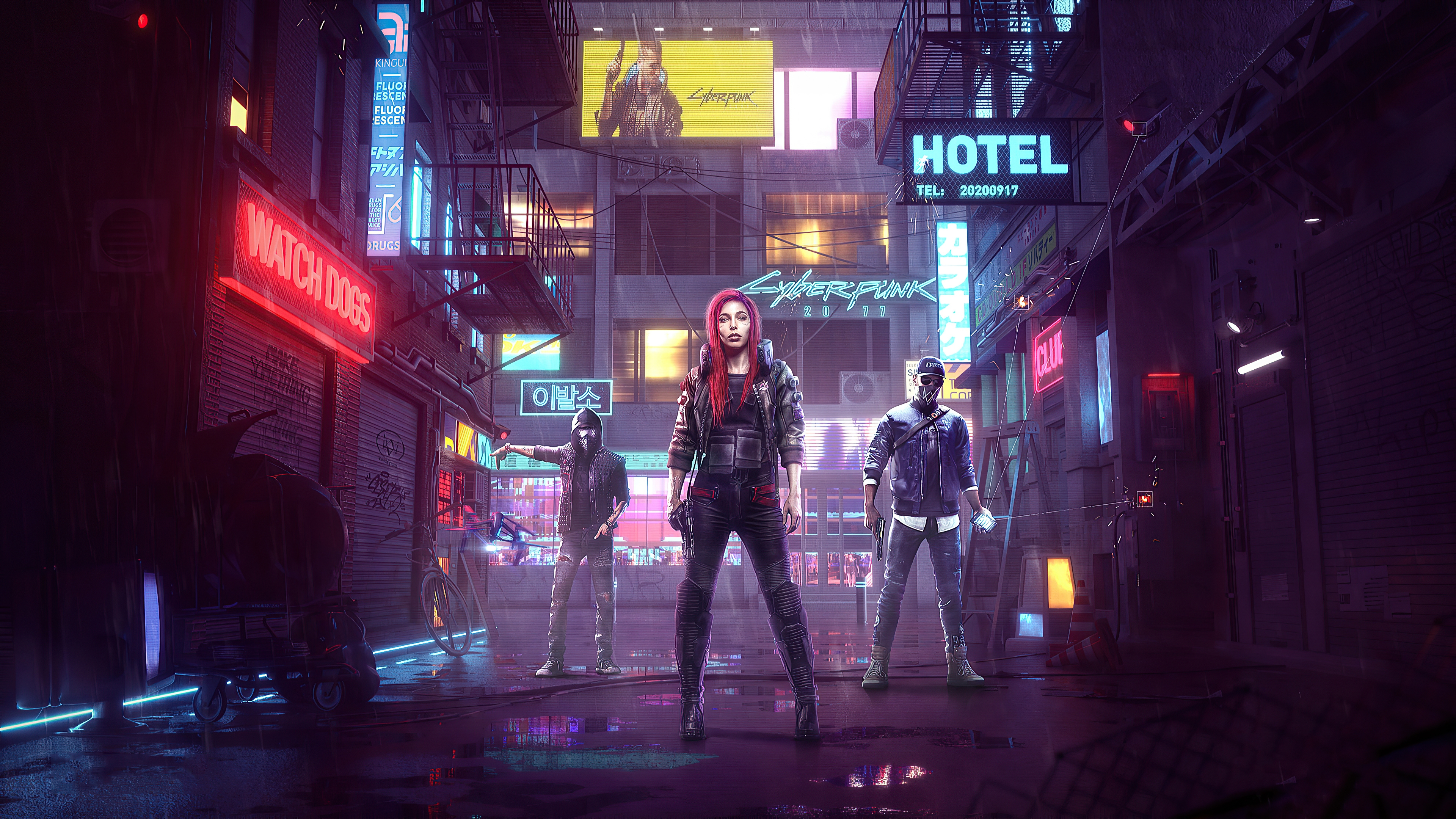 HD wallpaper, Crossover, Aiden Pearce, Watch Dogs, Marcus Holloway, Female V, Cyberpunk 2077