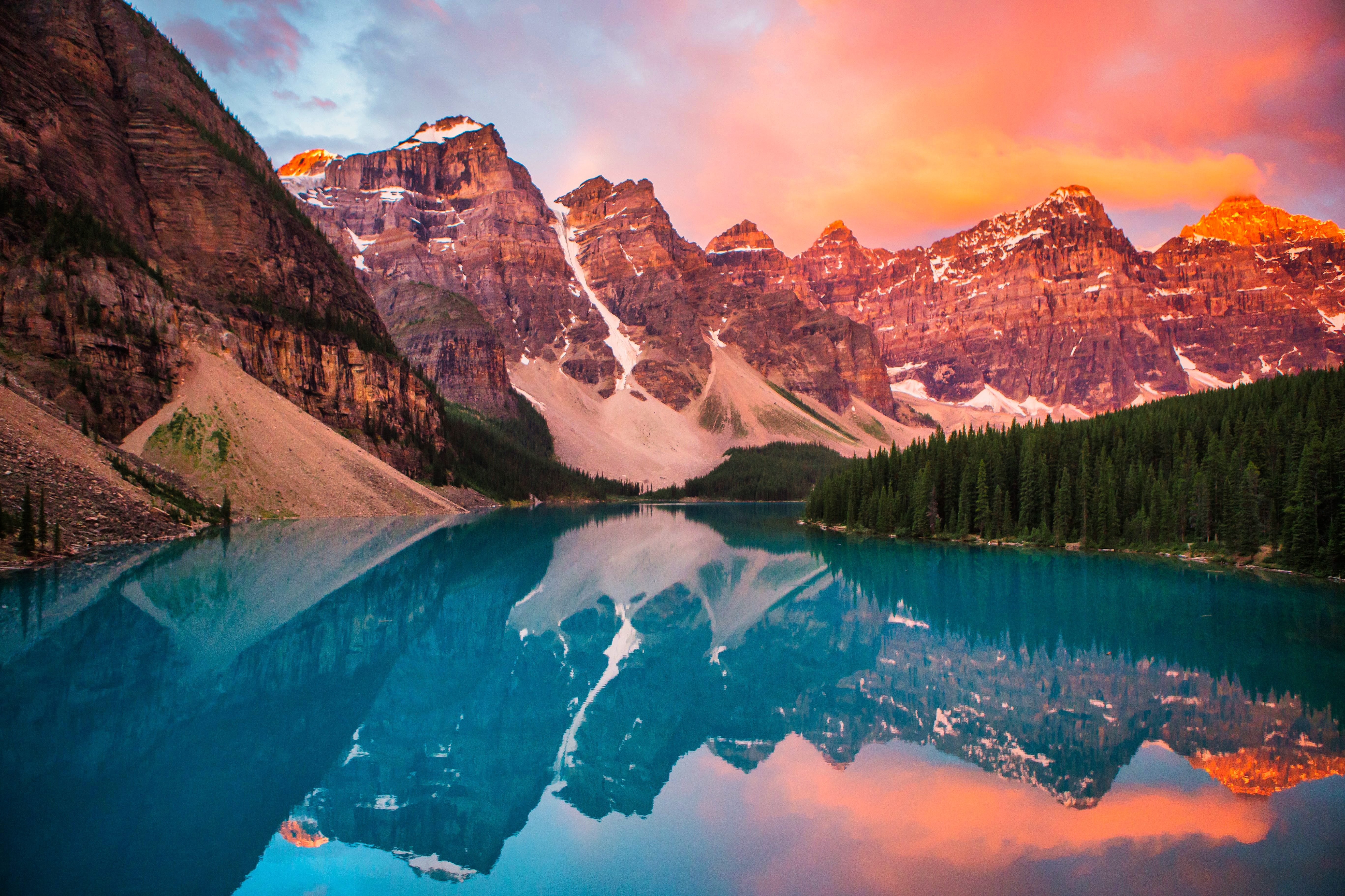 HD wallpaper, Banff National Park, Landscape, Scenery, Canada, Sunset, Rocky Mountains, Reflection, Evening Sky, Alberta, 5K, Moraine Lake