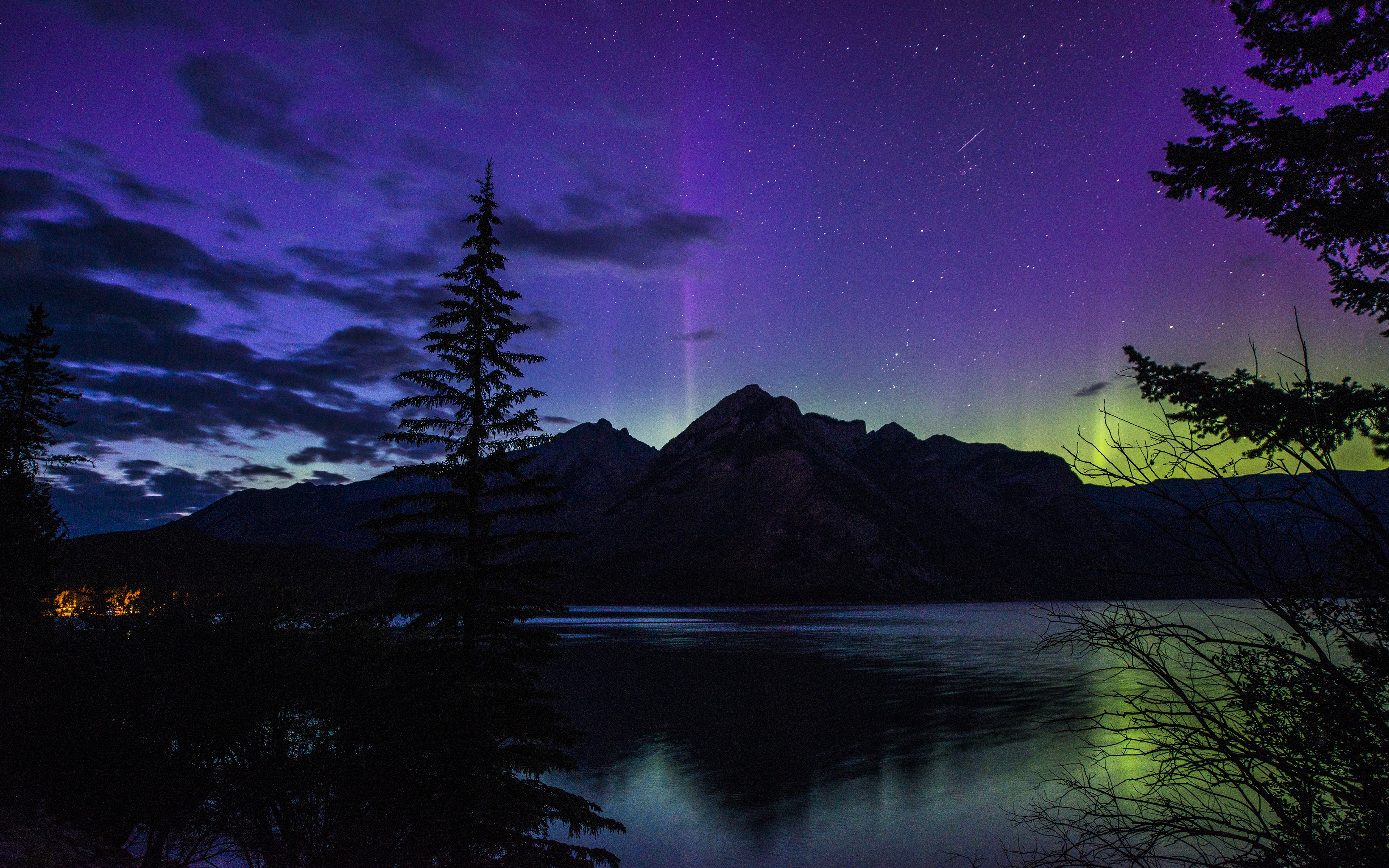 HD wallpaper, Clouds, Aurora Borealis, Lake Minnewanka, Dusk, Canada, Banff National Park, Alberta, Starry Sky, Night Time, Landscape
