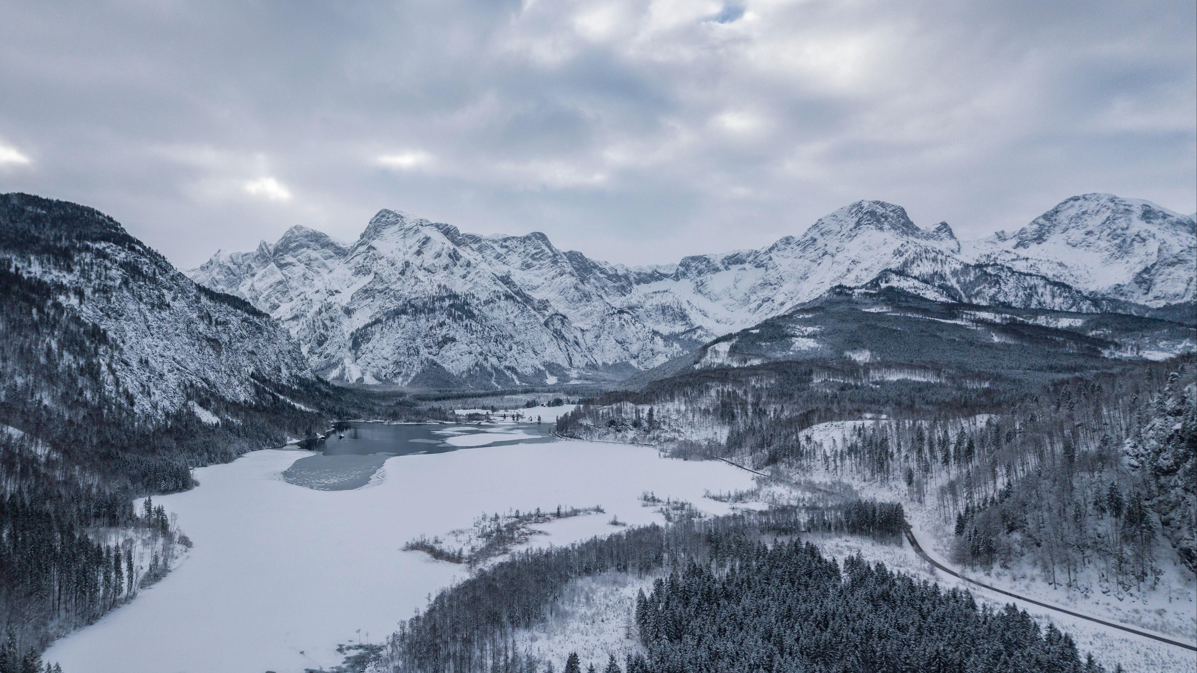 HD wallpaper, Almsee, Austria, Snow, Lake 4K, Winter, Mountains