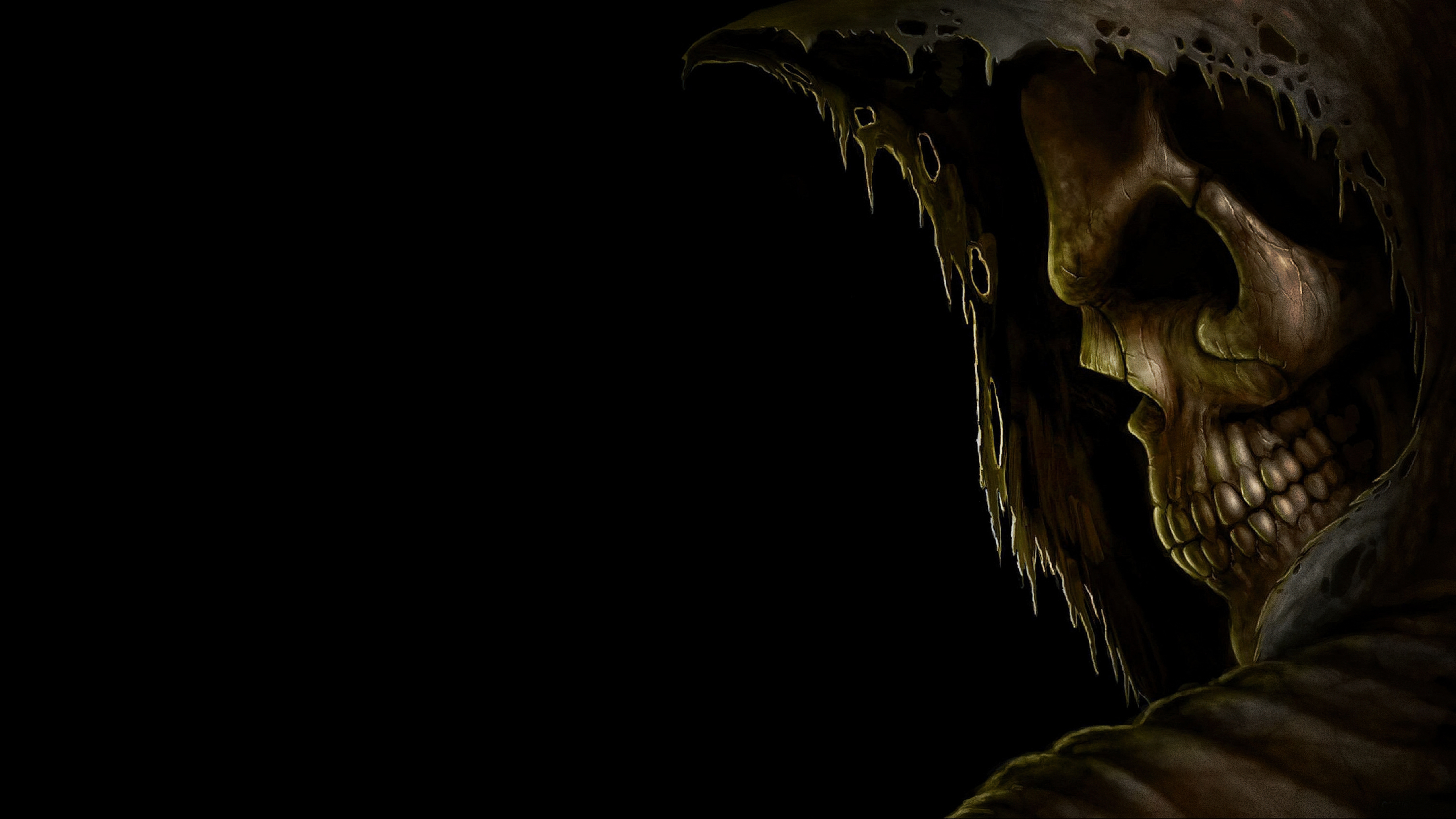 HD wallpaper, Spooky, Grim Reaper, 5K, Black Background, Skull, Amoled