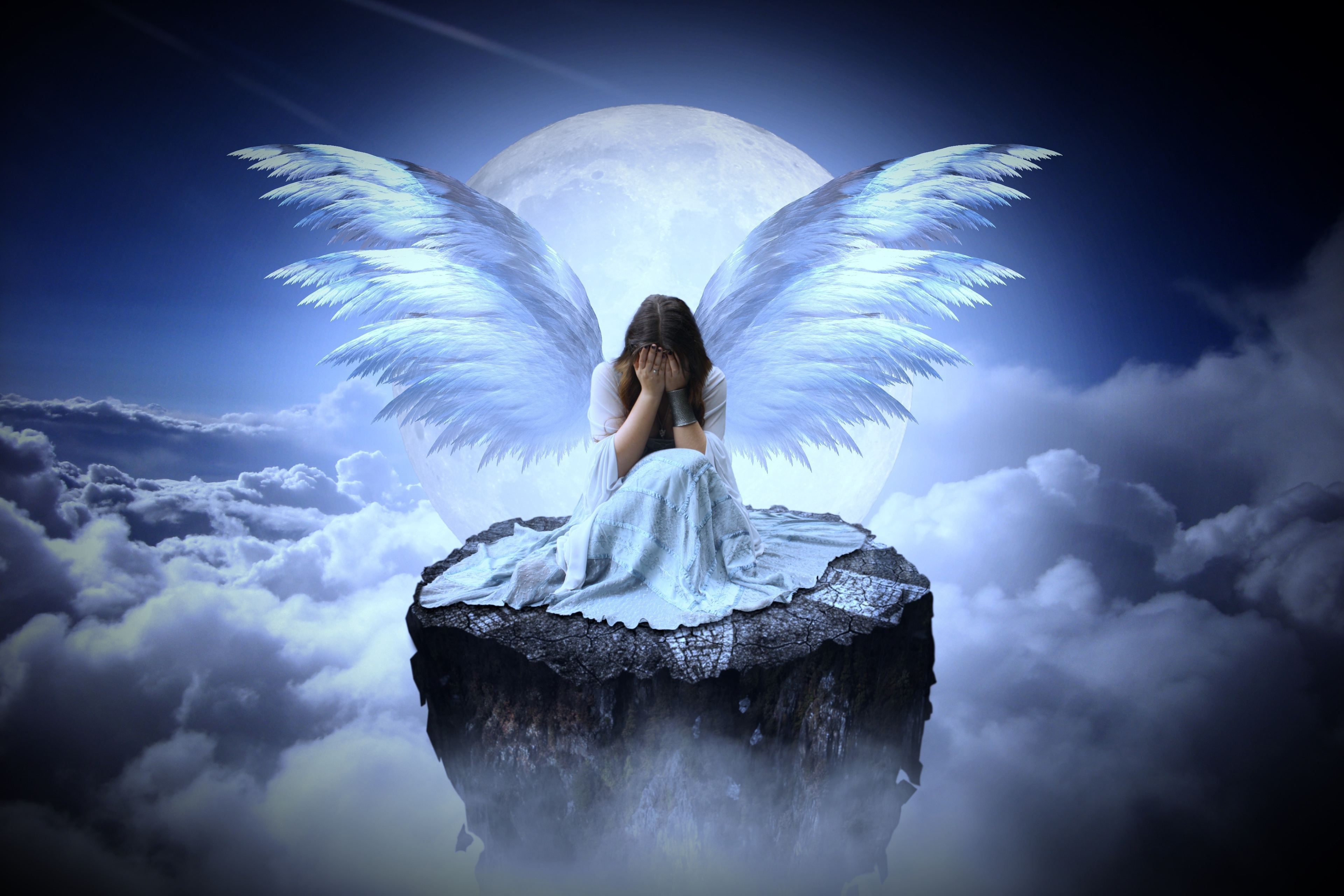 HD wallpaper, Moon, Surreal, Eyes Closed, Fairy, Sad Woman, Above Clouds, Clouds, Angel Wings, Sad Girl