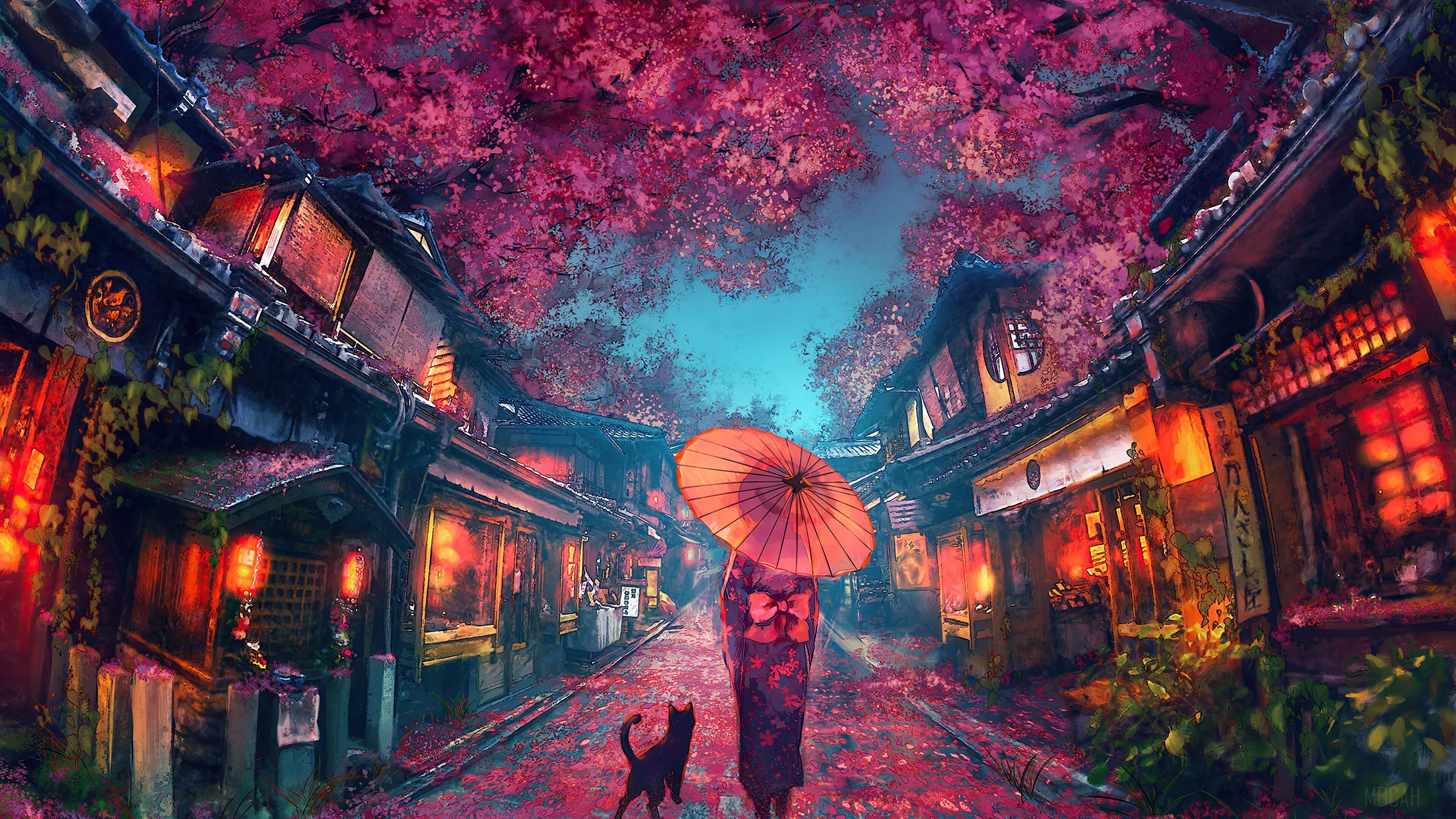HD wallpaper, Anime, Scenery, Kimono 4K, Beautiful, Street, Cherry Blossom