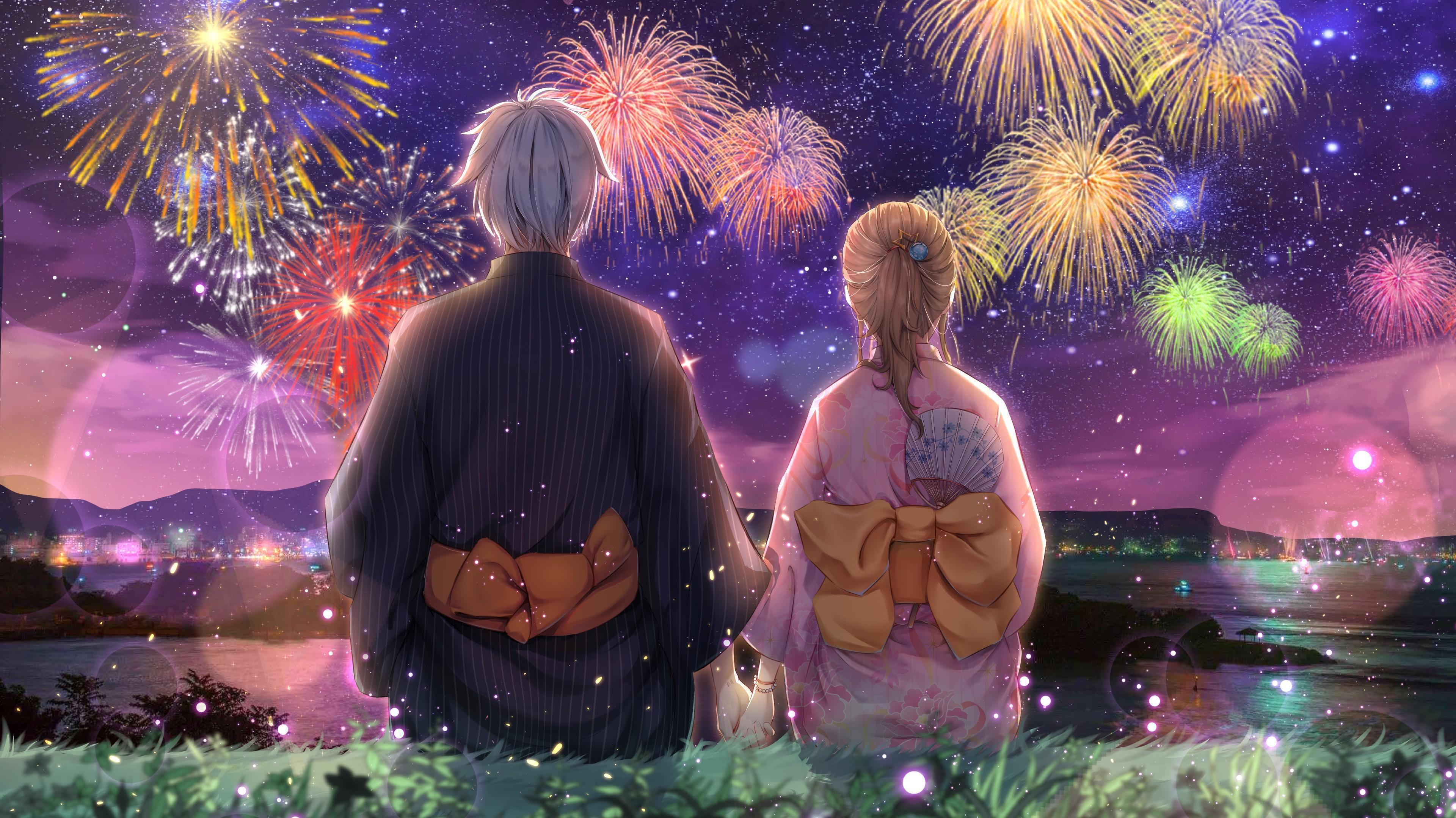 HD wallpaper, Fireworks, Kimono, Couple, Anime, 4K