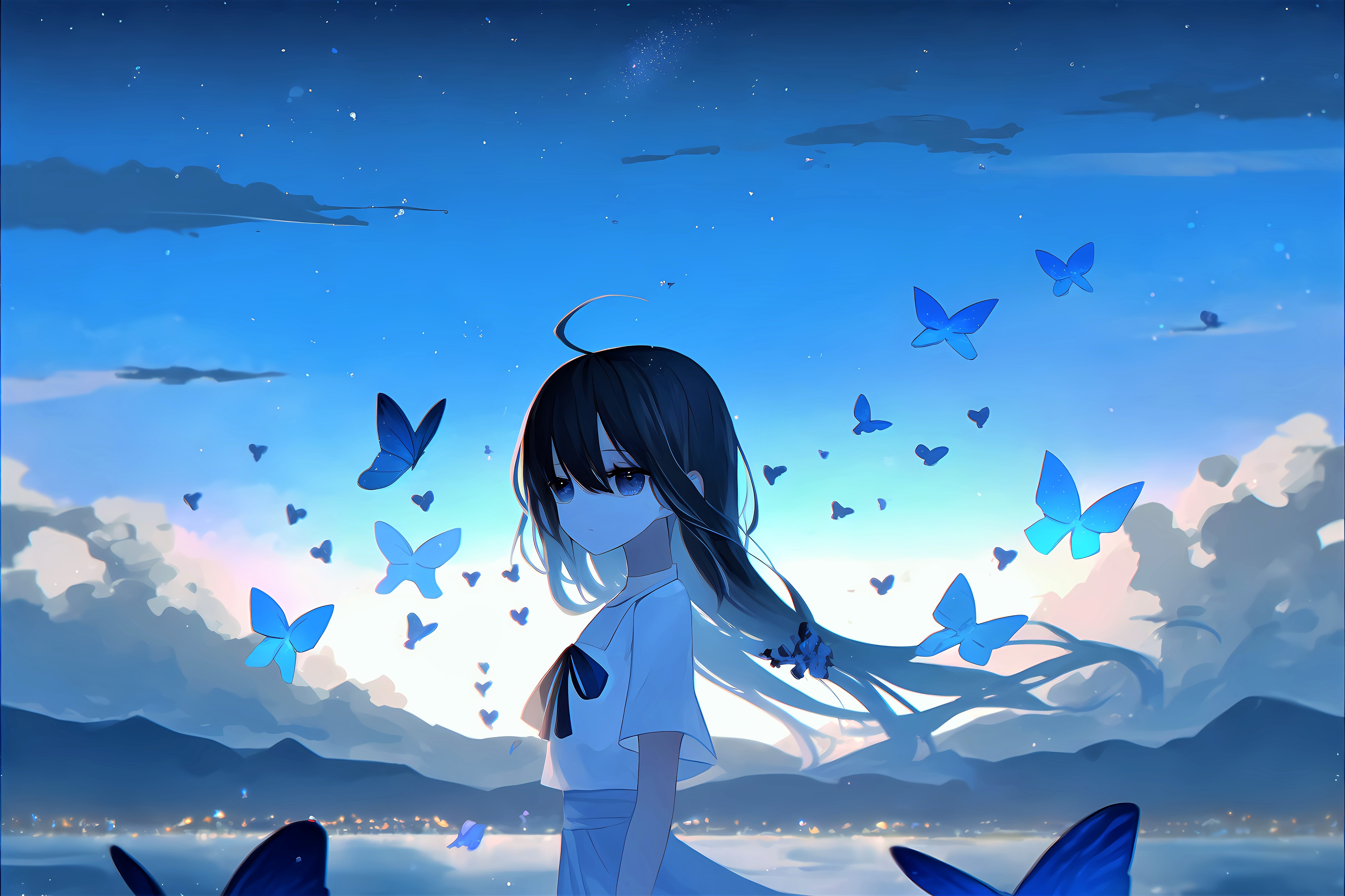 HD wallpaper, Sad Girl, Blue Background, Anime Girl, Surreal, 5K, Butterflies, Mood, Lonely