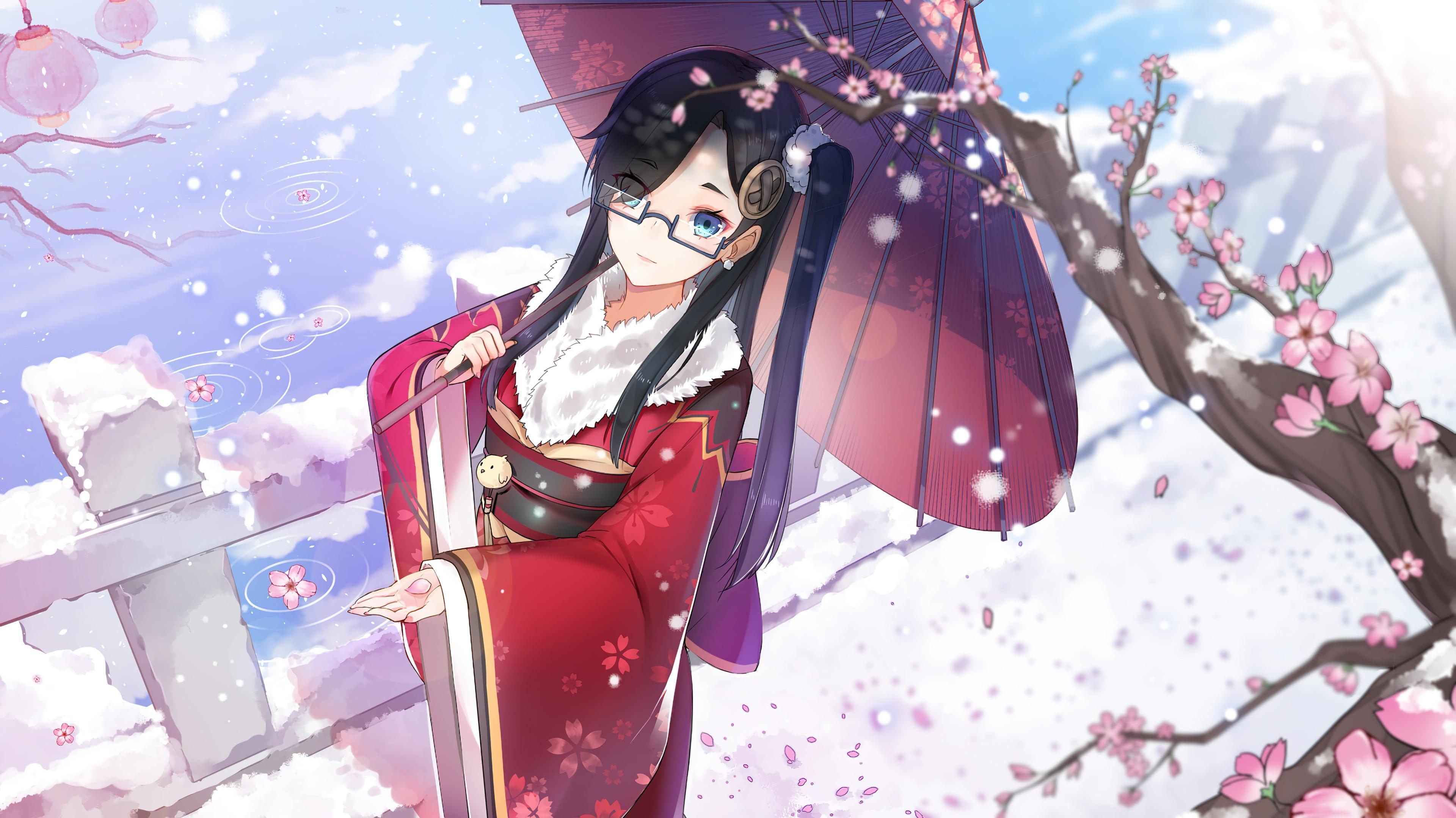 HD wallpaper, Girl, 4K, Kimono, Cherry Blossom, Winter, Anime