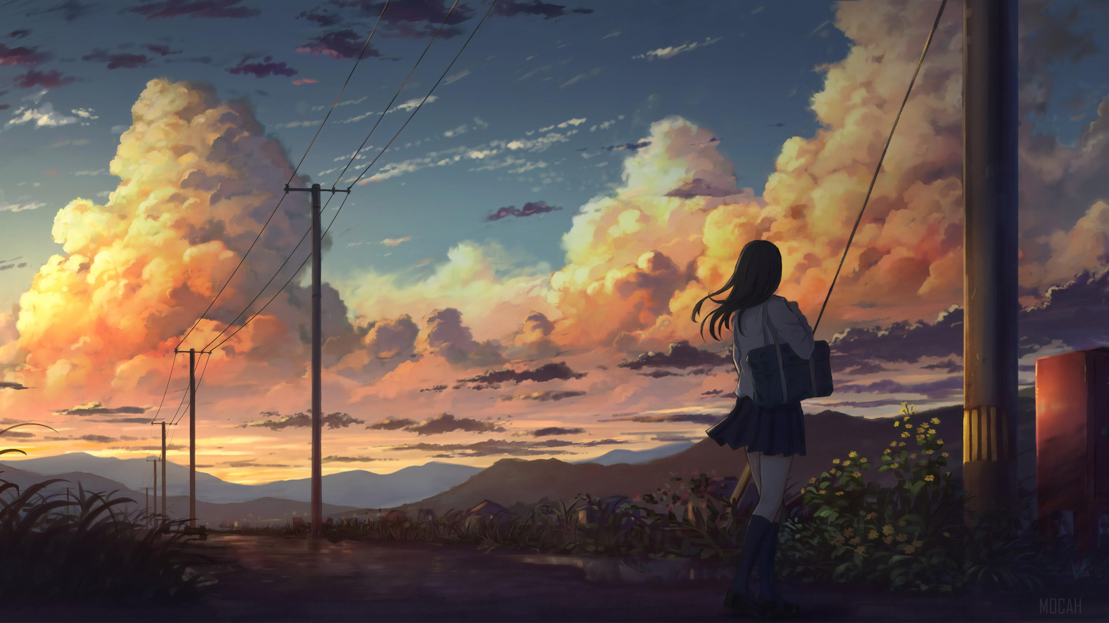 HD wallpaper, Anime Girl Outside Power Lines Clouds 4K
