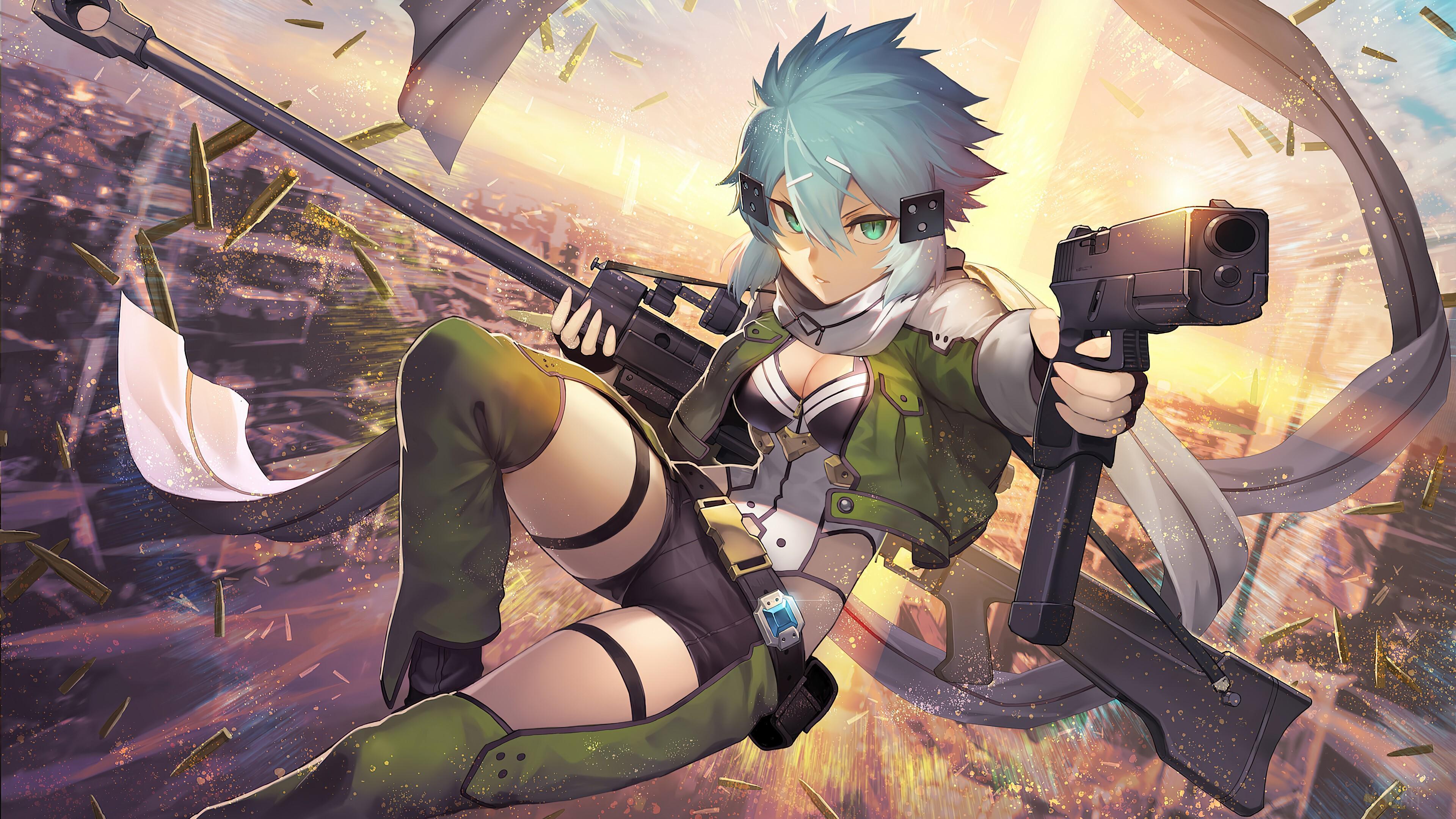 HD wallpaper, Sinon, Anime, Anime Girls, Gun Gale Online, Sniper, Psitol, Sword Art Online, Rifle 4K