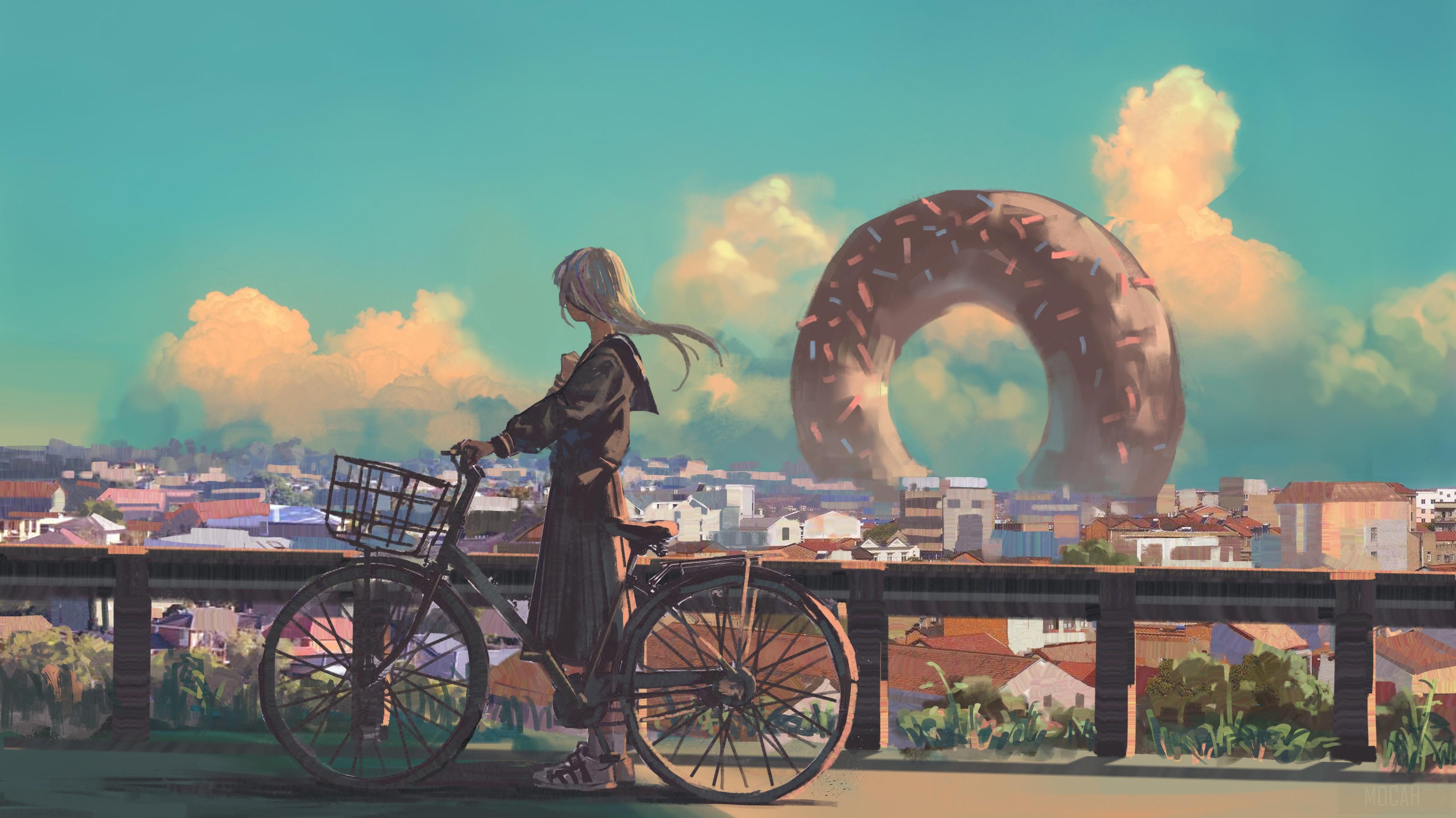 HD wallpaper, Anime Original Bike City Long Hair Artwork 4K
