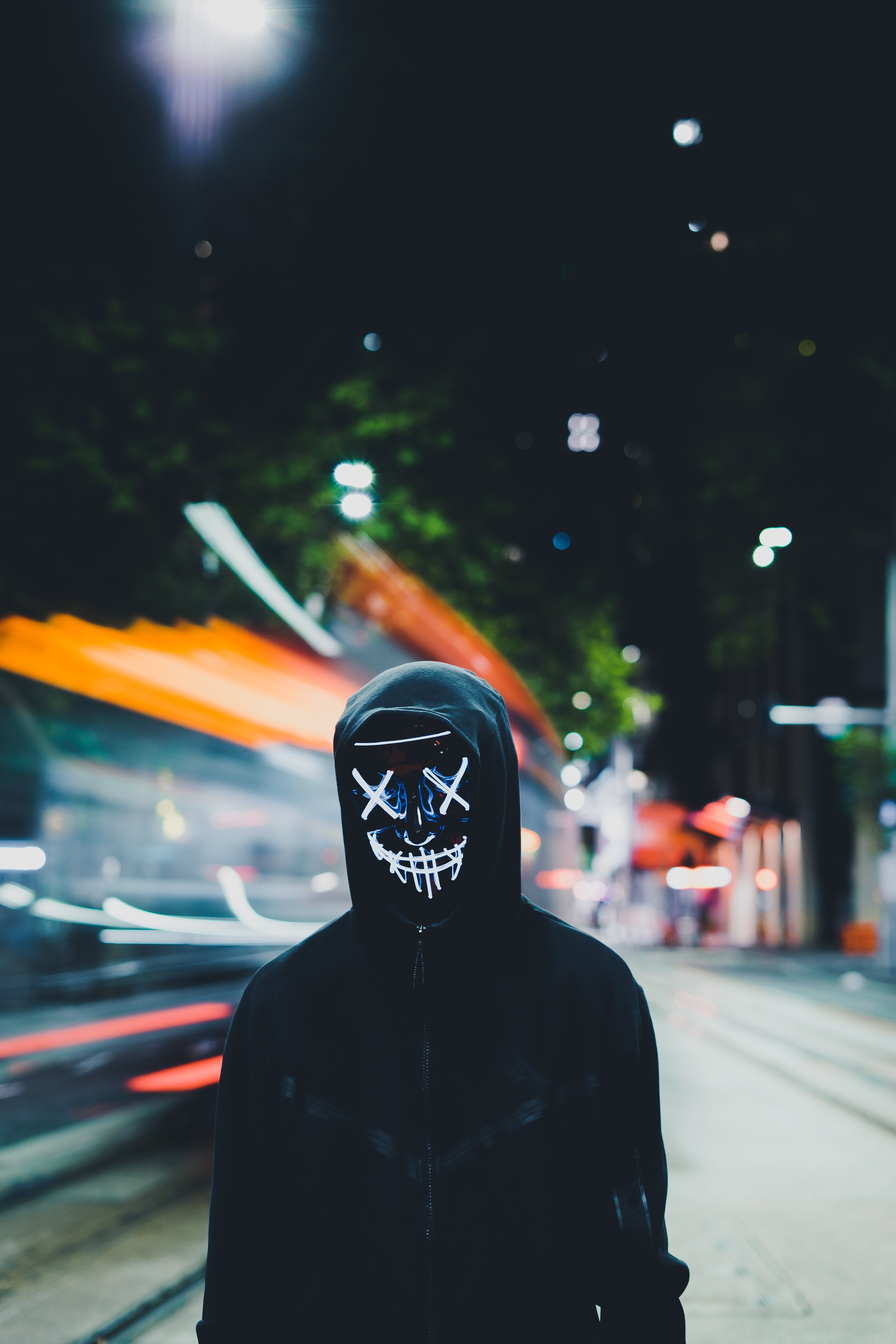 HD wallpaper, Neon Mask, Persons In Mask, 5K, Black Hoodie, Anonymous