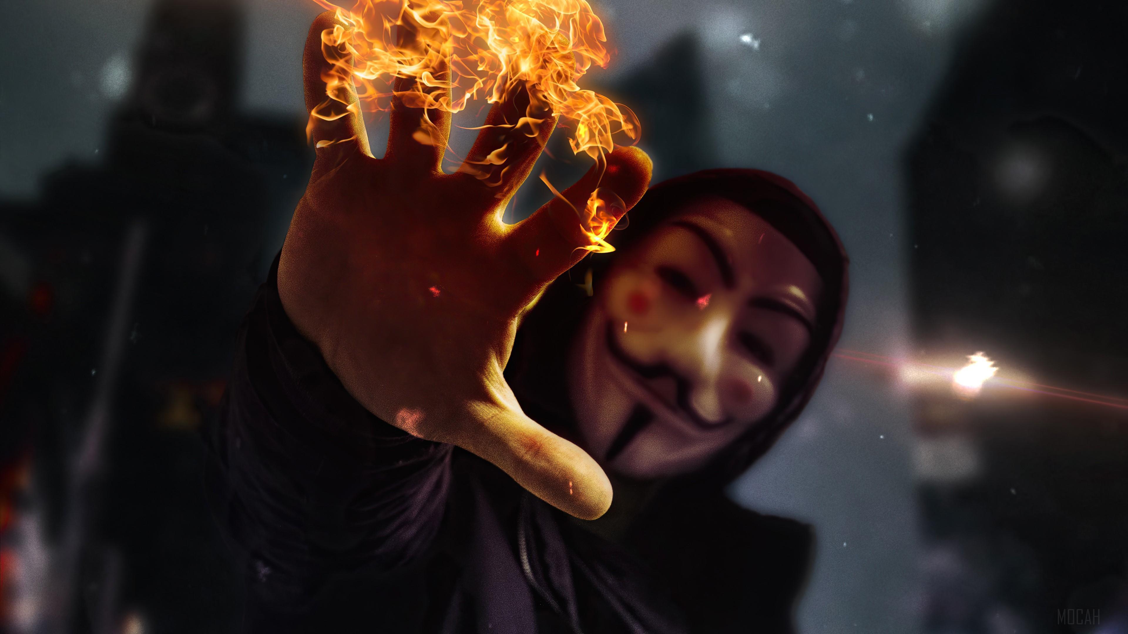 HD wallpaper, Mask, Anonymous, Hand 4K, Burning