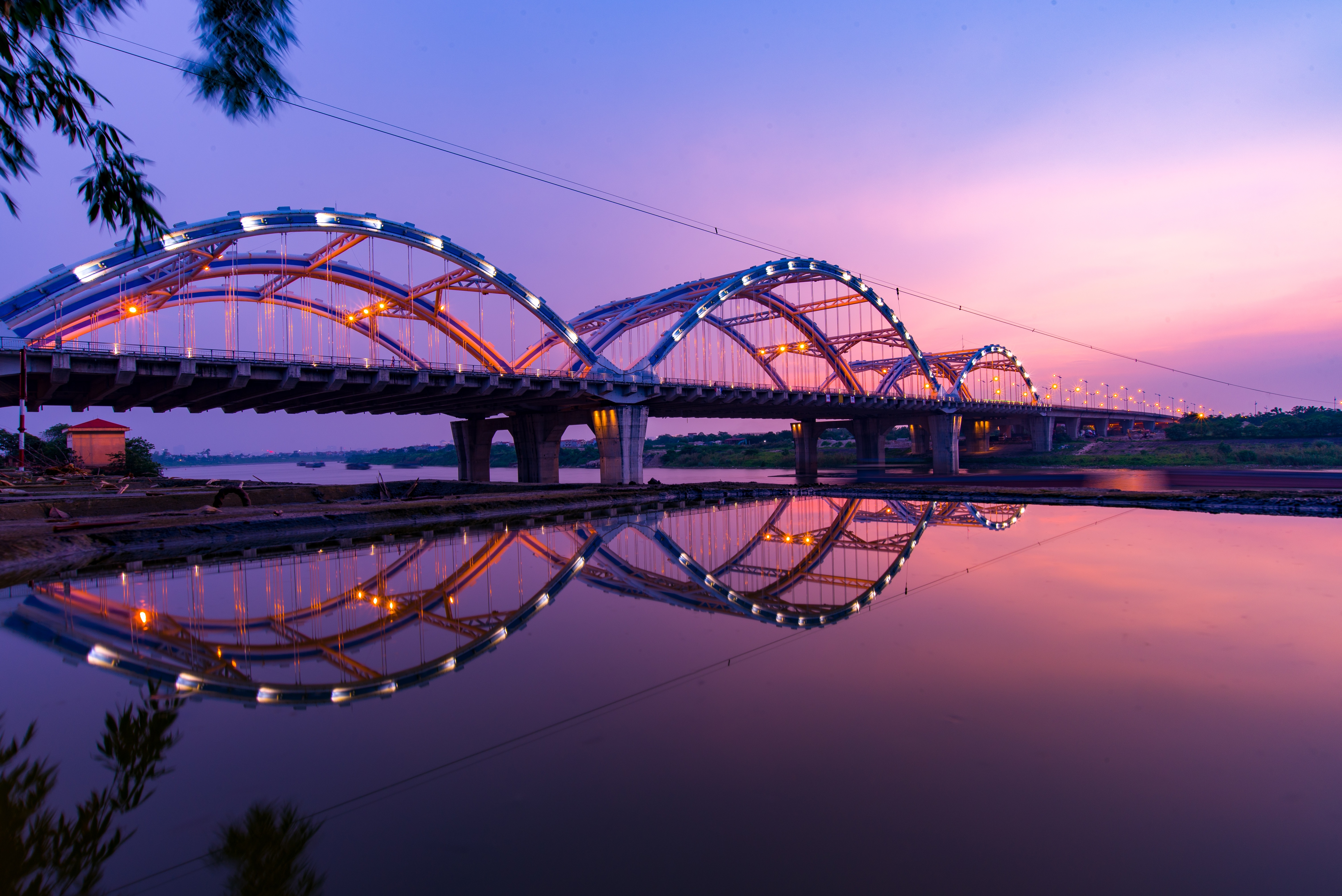 HD wallpaper, Dawn, Reflection, Arch Bridge, Sunset, Dragon Bridge, Vietnam, 5K