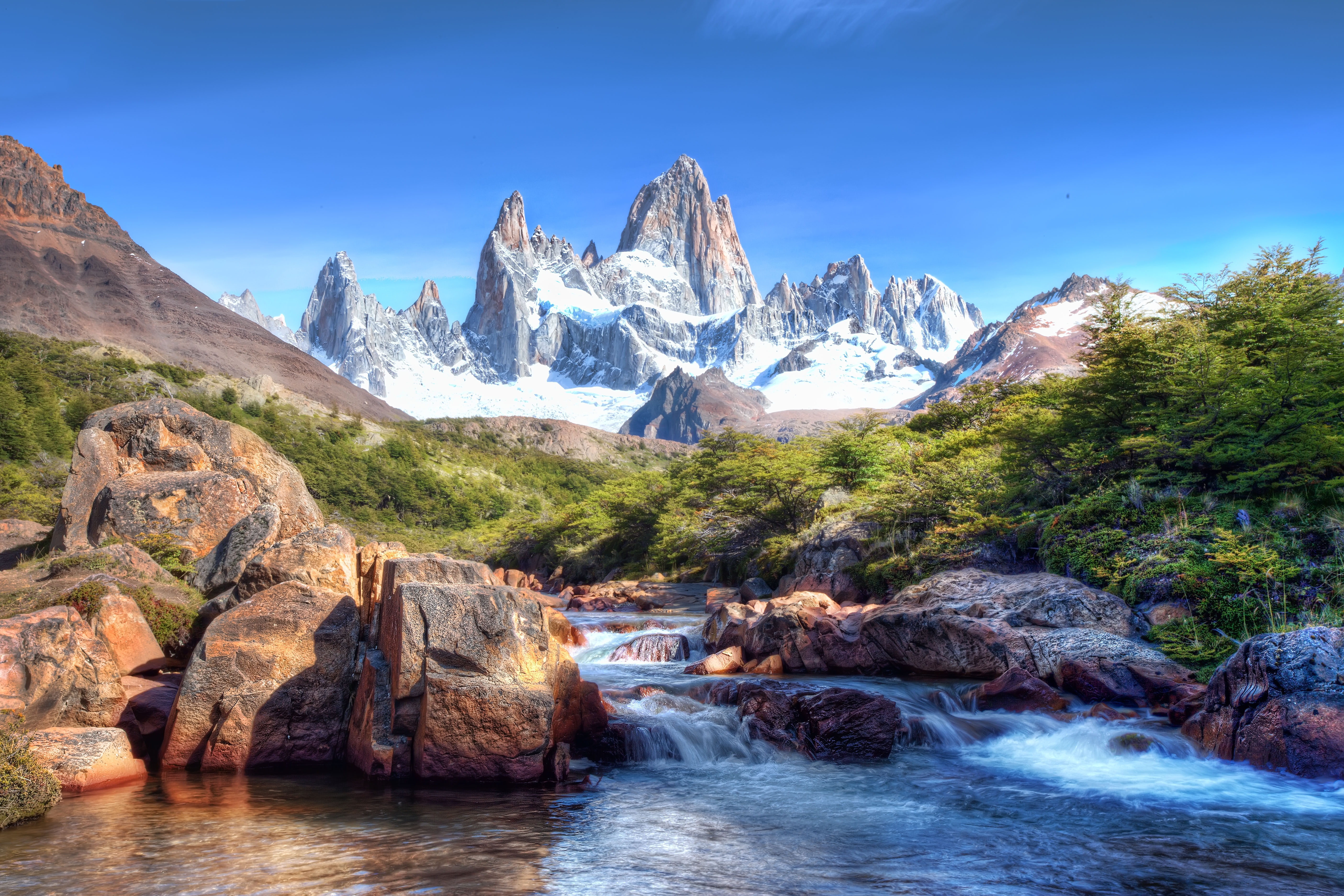 HD wallpaper, Blue Sky, Fitz Roy, Landscape, Glacier Mountains, River Stream, Patagonia, Snow Covered, Picturesque, Mountain Peaks, Sunny Day, Rocks, 5K, Argentina, Scenery