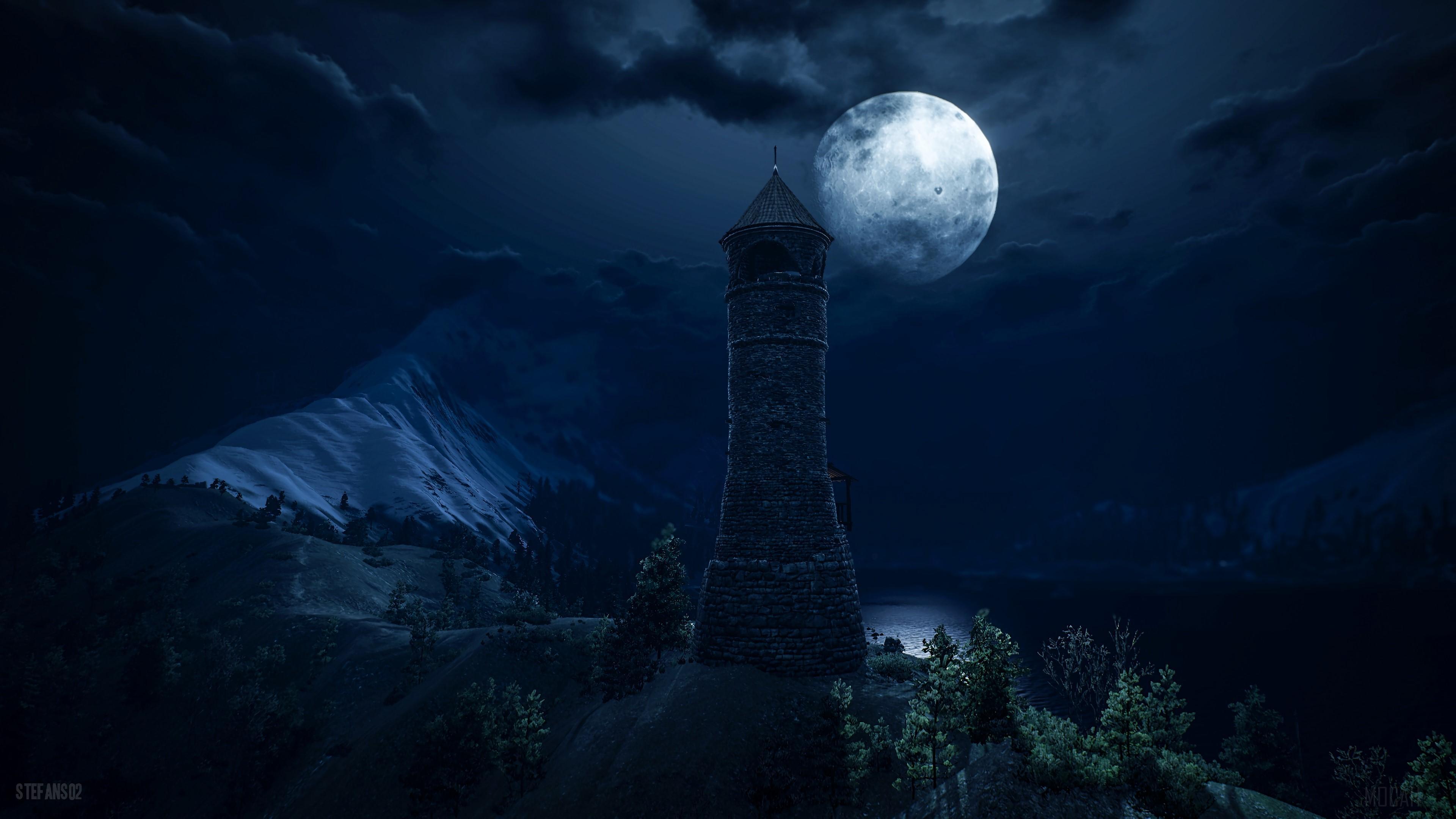 HD wallpaper, Lighthouse, Dark, Full Moon, Fantastic, Tower, Art 4K