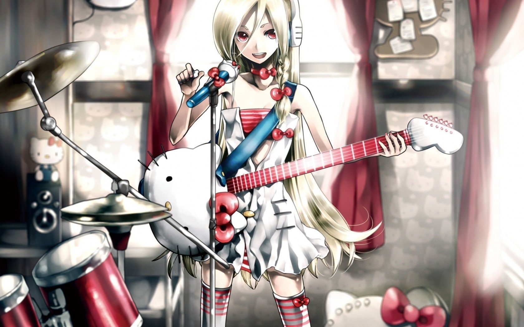 HD wallpaper, Blonde, Anime, Hello, Music, Art, Kitty, Girl, Guitar