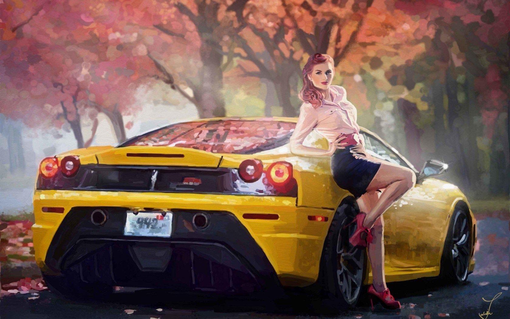 HD wallpaper, Autumn, Yellow, Ferrari, Art, Trees, Girl, Car, Road