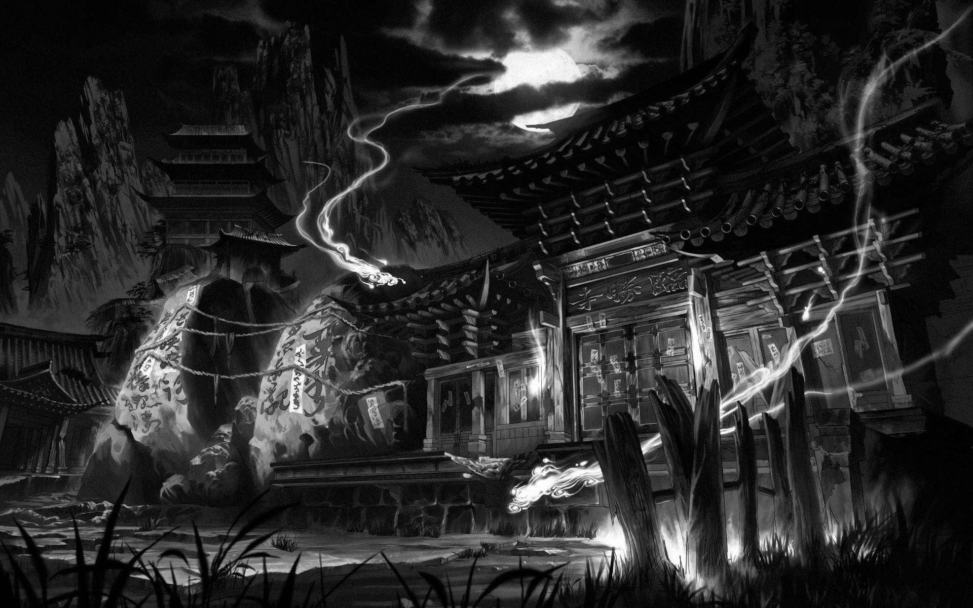 HD wallpaper, Japan, Artwork, Ruin, Fantasy Art, Black And White Temple With Trees Painting